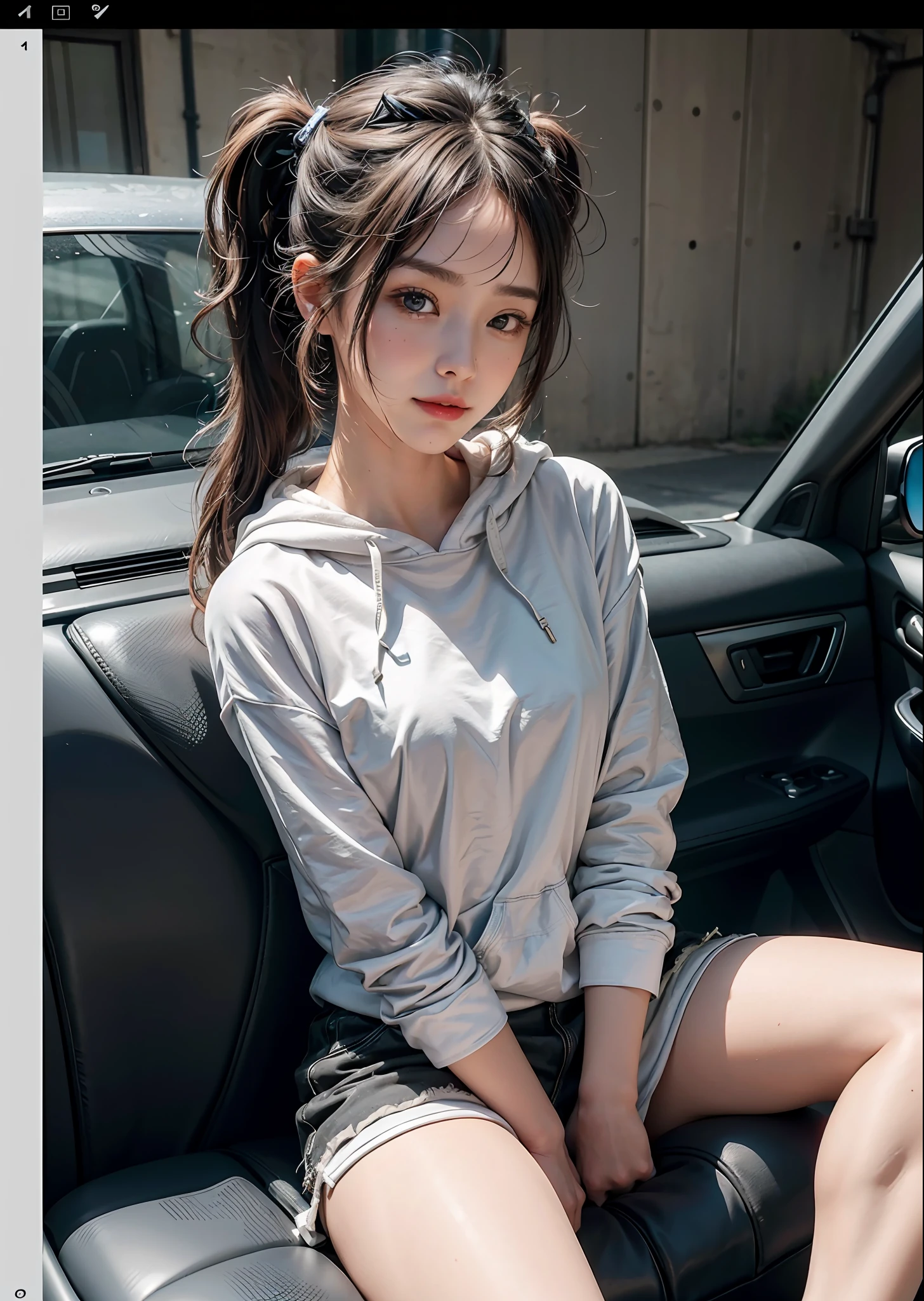 Masterpiece, best quality, (1girl), 18-year-old woman, cute and beautiful girl, (flat chest:1.3), petite, short black pigtails, porcelain skin, oversized hoodie, bottomless, smile, happy, covering mouth
Sitting In car seat, spread legs,
photorealistic, photo, photorealism, photorealistic digital art trending on Artstation 8k HD high definition detailed realistic, detailed, skin texture, hyper detailed, realistic skin texture, armature, best quality, ultra high res, photorealistic,, high resolution, detailed, raw photo,