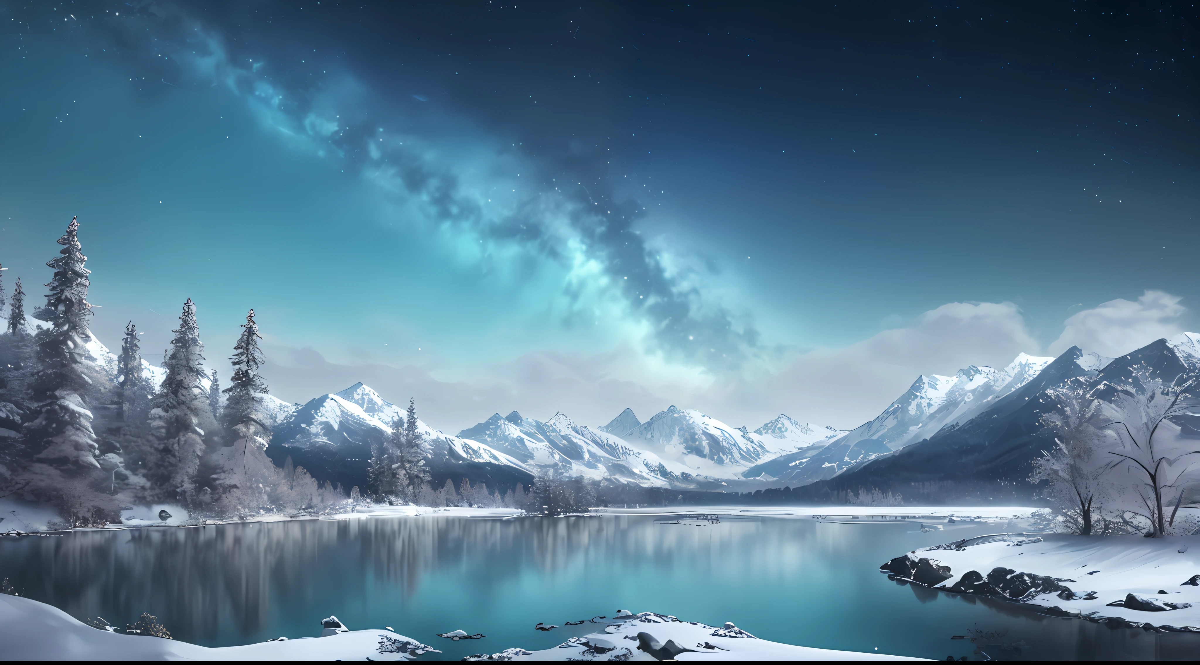 Spring, [forest], snowy mountains in distance, (whale), snowy land, turquoise blue lake, mysterious, evening, soft light, romance, thin clouds, [plum blossoms: 0.5], stars, dramatic starry sky, award winning photography, Bokeh, Depth of Field, HDR, bloom, Chromatic Aberration ,Photorealistic, extremely detailed, trending on artstation, trending on CGsociety, Intricate, High Detail, dramatic, art by midjourney, masterpiece, best quality, high quality, extremely detailed CG unity 8k wallpaper, unreal engine render, realistic, Aesthetic