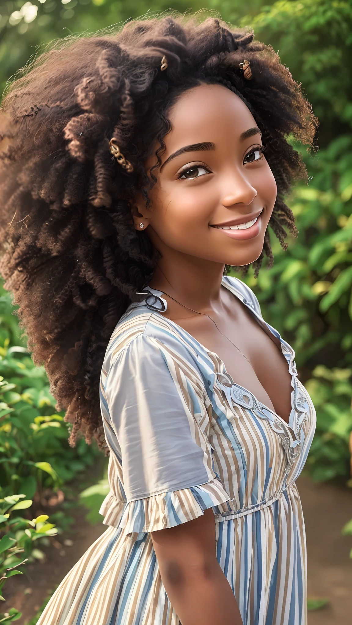 3D a little girl is pele morena escura, (((solo))), telegram sticker, no parque sentada na árvore,  creating a soft, long dress female, (((retrato realismo))), (girl afro-americana) (((brown hair))), (((close-up  afeições faciais detalhadas: 1.15))), (((cabelos mega hair))), freedom, profile image, standing confidently, she is the center of the garden, smiling face, listing image, 8k, dreams --auto --s2