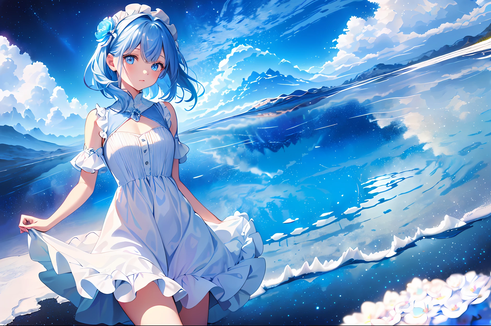 absurdres, highres, (official art, beautiful and aesthetic:1.2), (near vision:1.15), (1girl, blue hair, medium hair, blue eyes, bright eyes, long white dress, blue ruffle,:1.2) blue sky, Shimmering Galaxy, (Salar de Uyuni:1.2), (fractal art:0.8), water effects, ripple effects, (flower effects: 0.65), light effects,