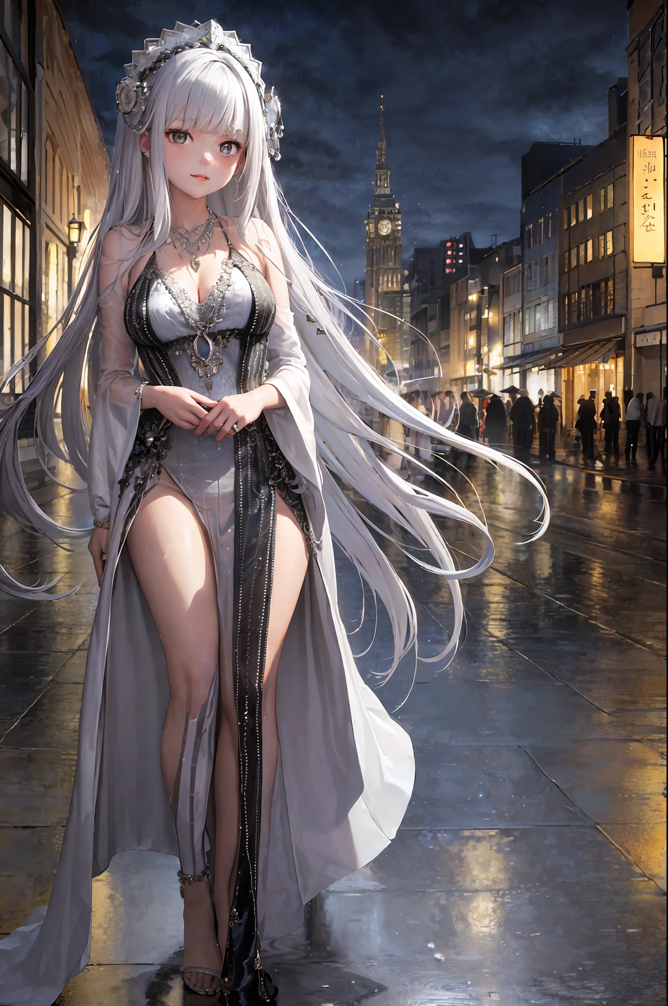 (8k, best quality, masterpiece: 1.2), one girl, headdress, portrait, (long loose silver exposed dress: 1.1), necklace, cute, cityscape, night, rain, wet, photon mapping, radiosity, physics-based rendering, (intricate details, taut clothes, hair ornaments: 1.2), silver hair