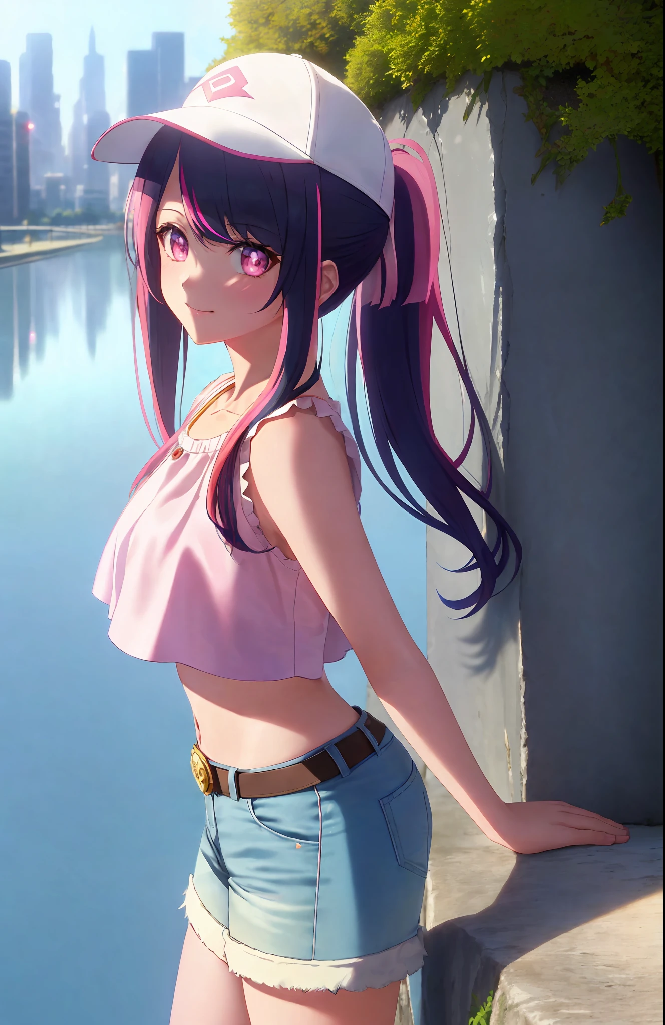 Amazing eye details Top quality anime style art, 1 girl, push-up, bangs, baseball cap, belt, chest, Bremerton (azur_lane\), crop top, crop top overhang, hair between eyes, hat, big breasts, long hair, looking at viewer, upper body, multicolor hair navel, pink eyes, pink hair, ponytail, Shorts, Shorts, Side Rock, Smile, Solo, Standing, Streak Hair, Thighs, White Legwear, Cinematic Light, Ray Tracing, Masterpiece, Top Quality, High Resolution, Highly Detailed CG, 8K Wallpaper, Very Delicate and Beautiful, Best Shadows, Hyper Elaborate Details, Detailed Backgrounds, Super Beautiful Girl, Cute, Glossy skin, colorful, depth of field, super_detailed_background, full body, whole body, standing, (glossy, reflection, glass: 1.1), intricate clothing details, anime, scenic background, outdoor, city, city, high resolution, symmetrical eyes, illustration, hard lighting, (realistic highlights, real shading), (skin color, Skin tone shading, colorful lighting) is the best and highest quality art in anime style and the most beautiful anime-style art you've ever seen. The winning works are visually stunning, with the best changes between two forms: shape, depth, and art of color drawn by professional artists.