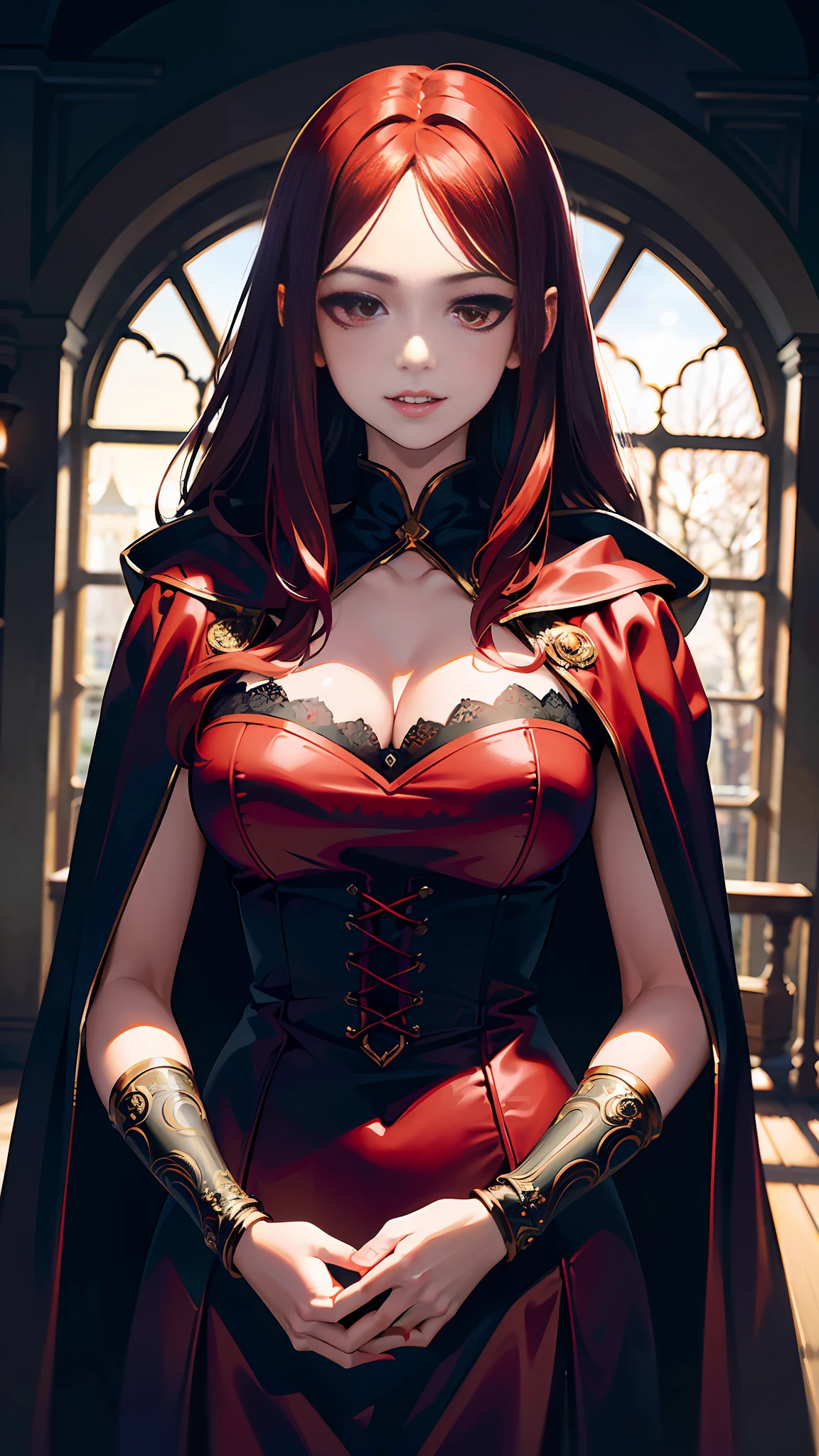 (best quality:1.3),(masterpiece:1.15),(illustration:1.23),(ultra-detailed:1.26), (4k res), (normal proportions:1.16), (1 girl), Solo, (Long Messy red hair), (Dim light:1.27), Closed mouth, (thick lips), (vampire), (red and black dress), (red eyes), (Realistic), (Hatefull eyes), (Smirk), (Teasing), (Red cloak), (Long Dress), (Complex Background), (No neckline), (no sunlight)