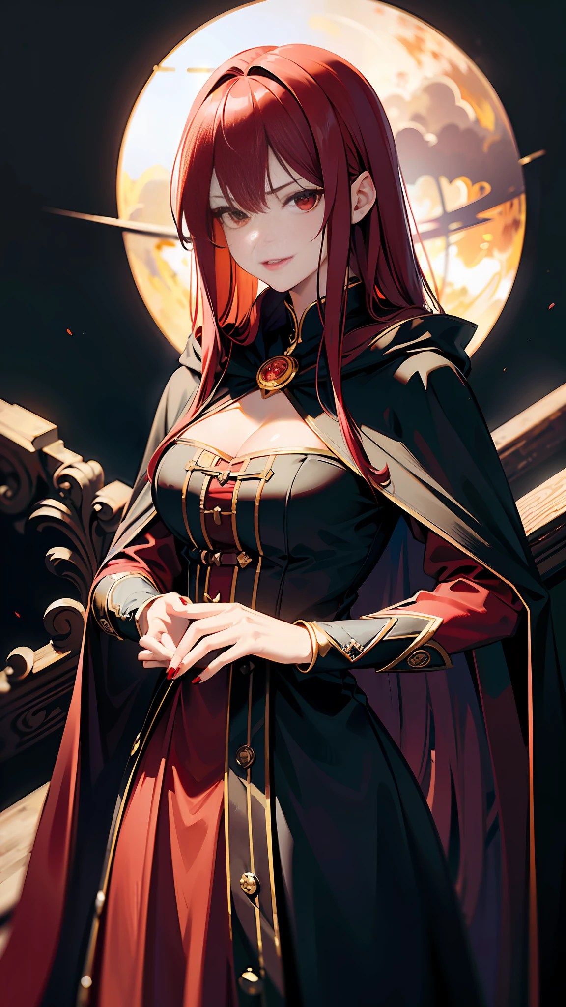 (best quality:1.3),(masterpiece:1.15),(illustration:1.23),(ultra-detailed:1.26), (4k res), (normal proportions:1.16), (1 girl), Solo, (Long Messy red hair), (Dim light:1.27), Closed mouth, (thick lips), (vampire), (red and black dress), (red eyes), (Realistic), (Hatefull eyes), (Smirk), (Teasing), (Red cloak), (Long Dress), (Complex Background), (No neckline), (no sunlight)