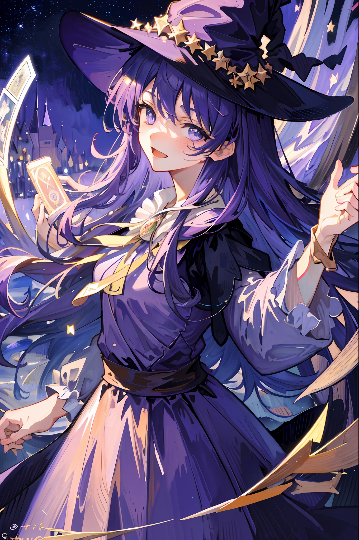 ((masterpiece: 1.2, best quality)), 1girl, solo, (witch hat), purple hair, long hair, dress, aurora, night, star (sky), gloves, sky, magenta and purple dresses, night sky, open mouth, starry sky, purple eyes, ribbon, very long hair, purple dress, smile, hair ribbon, cape, blue hair, (bird), magic, spell, dark clouds, night, (impressionism:1.4), (tarot:1.3) , Alphonse Mucha,