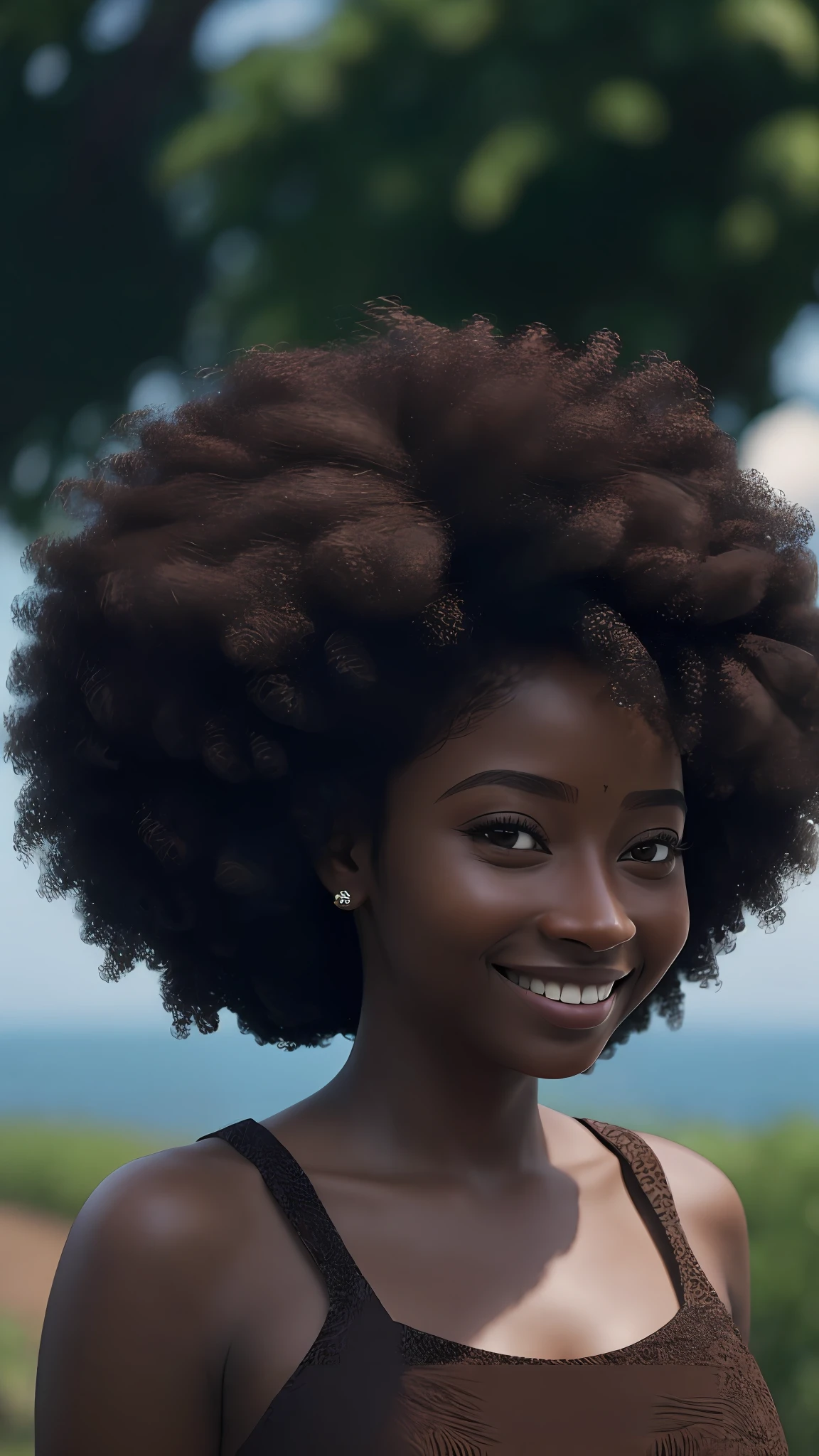 3D a  is (((pele morena escura))), (((solo))), telegram sticker, sentada na praia,  creating a soft, long dress female, (((retrato realismo))), (girl afro-americana) (((brown hair))), (((close-up  afeições faciais detalhadas: 1.15))), (((cabelos mega hair))), freedom, profile image, standing confidently, she is the center of the garden, smiling face, listing image, 8k, dreams   100 --auto --s2