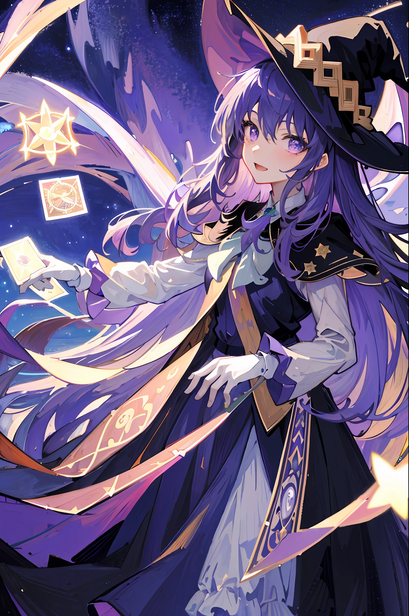 ((masterpiece: 1.2, best quality)), 1girl, solo, (witch hat), purple hair, long hair, dress, aurora, night, star (sky), gloves, sky, magenta and purple dresses, night sky, open mouth, starry sky, purple eyes, ribbon, very long hair, purple dress, smile, hair ribbon, cape, blue hair, (bird), magic, spell, dark clouds, night, (impressionism:1.4), (tarot:1.3) , Alphonse Mucha,