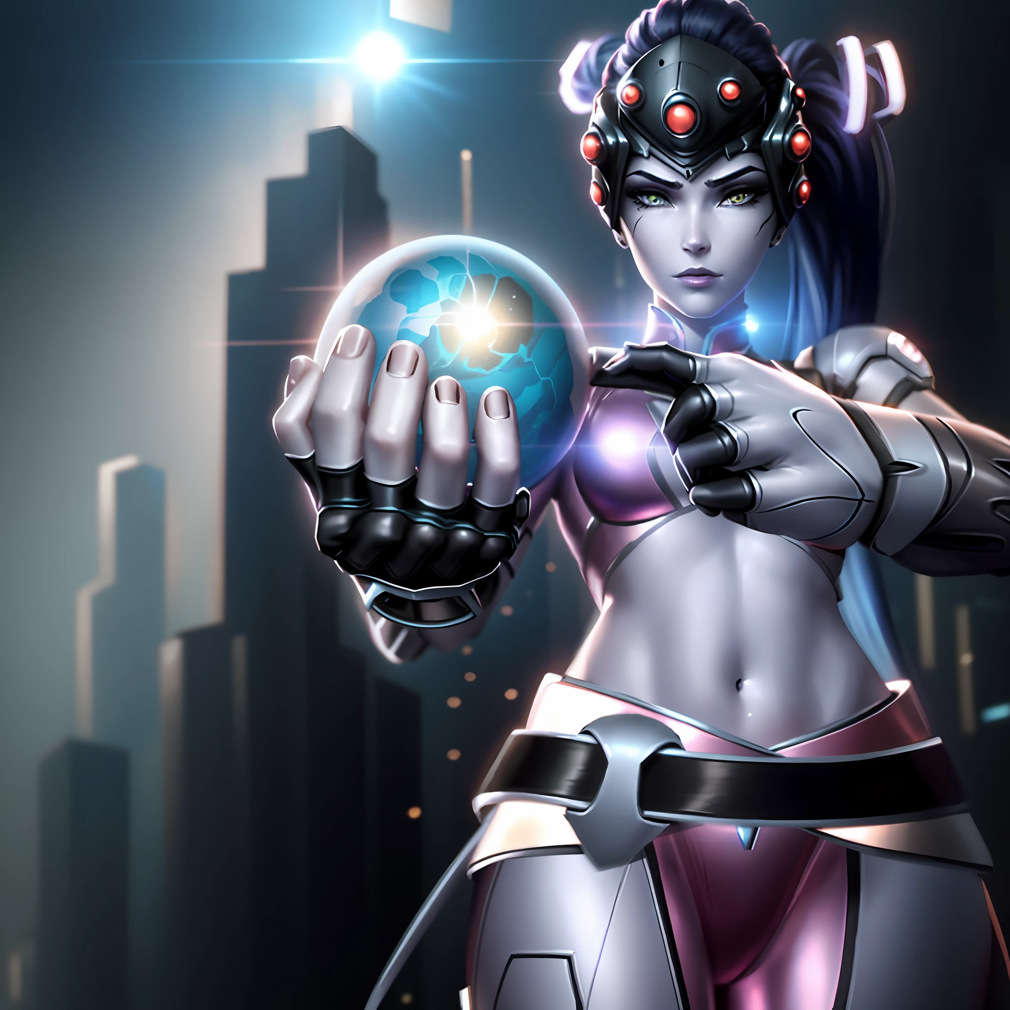 (cyberpunk), cinematic highlight, (cyborg goddess:v1.3, Widowmaker:v1.1), (cosmic background, photo-realistic space suit), (midriff exposed:1.2), (holding a small planet, woman holding an orb), intense character expression
