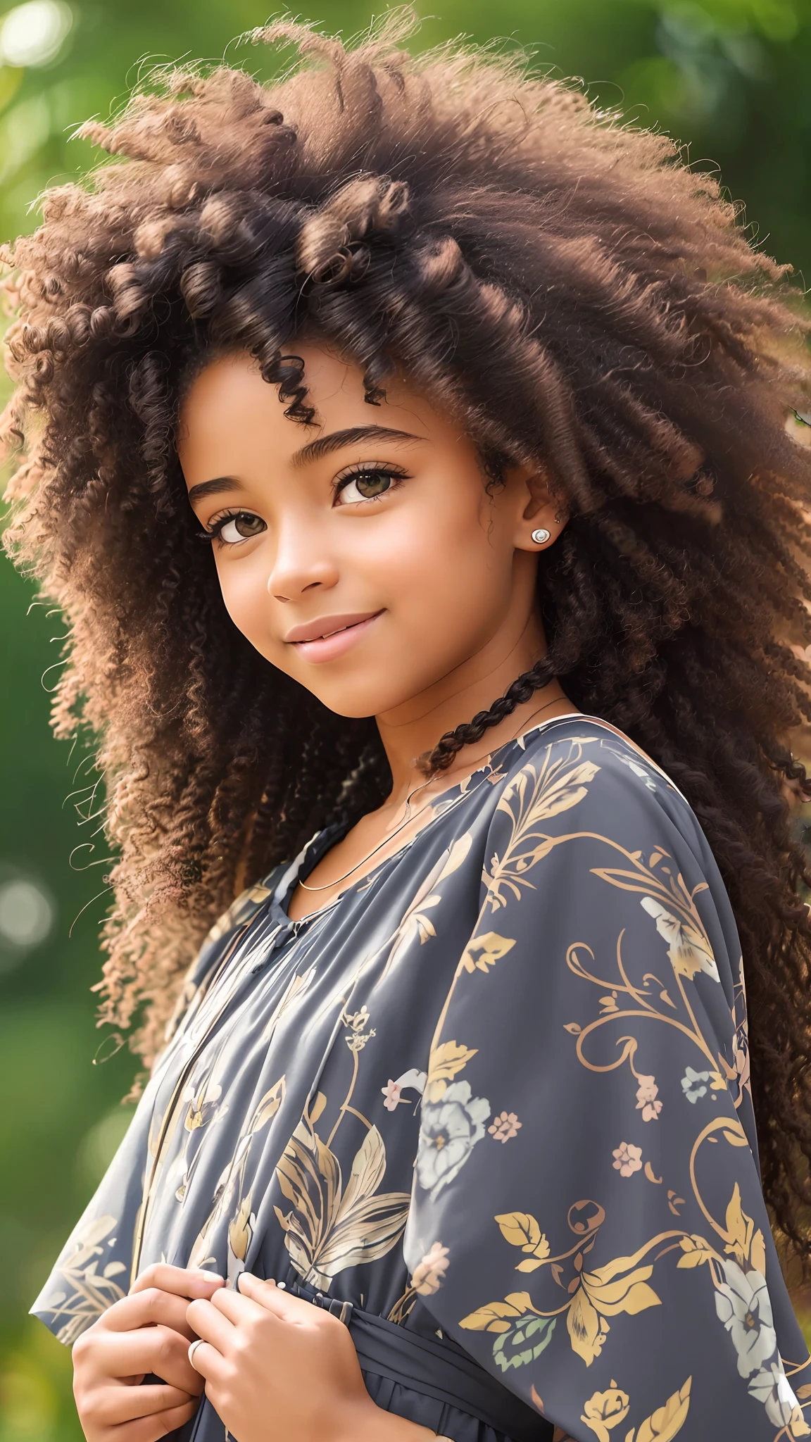 3D a little girl is pele morena escura, (((solo))), telegram sticker, no parque sentada na árvore, creating a soft, long dress female, (((retrato realismo))), (girl afro-americana) (((brown hair))), (((close-up afeições faciais detalhadas: 1.15))), (((cabelos mega hair))), freedom, profile image, standing confidently, she is the center of the garden, smiling face, listing image, 8k, dreams --auto --s2