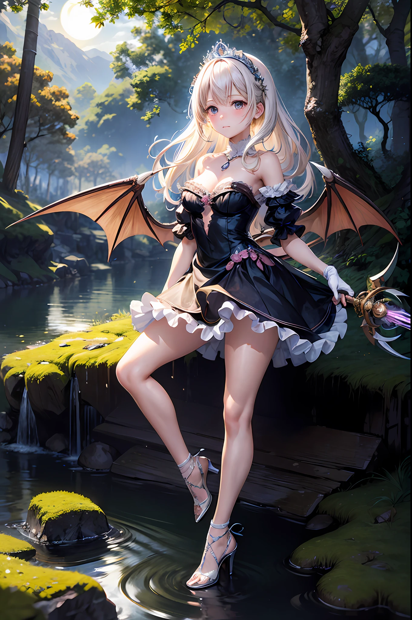 (masterpiece, best quality:1.2), 1girl, solo, cute, kawaii, digital art, magic circle, platinum blonde hair, finely detailed eyes, embarrassed expression, sweat, frilly dress, pink color scheme, high heels, white gloves, heart-shaped necklace, tiara, wielding a wand, dragon, forest, fire breath, wings, scales, sharp claws, spiky tail, trees, moss, moonlight filtering through leaves, fallen leaves, bushes, rocks, river, bridge, night clouds, starry sky, windy, leaves rustling,