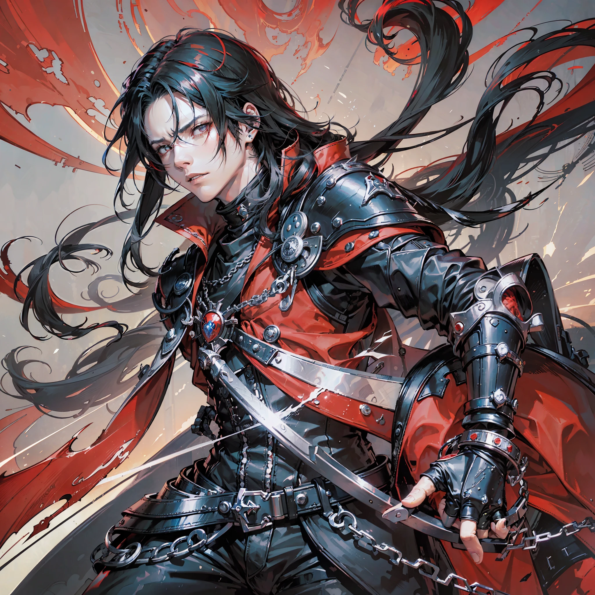 (((Final Fantasy, Vincent Valentine)),detailed face attractive man long black hair, anime character with red cape and zippers, turtleneck, 4k manga wallpaper, badass anime 8k, tetsuya nomura style, epic anime style, gold metal bracelet, with claws, shigenori soejima illustration, alucard, berserk style, inspired by Kawabata Ryūshi, futuristic tetsuo