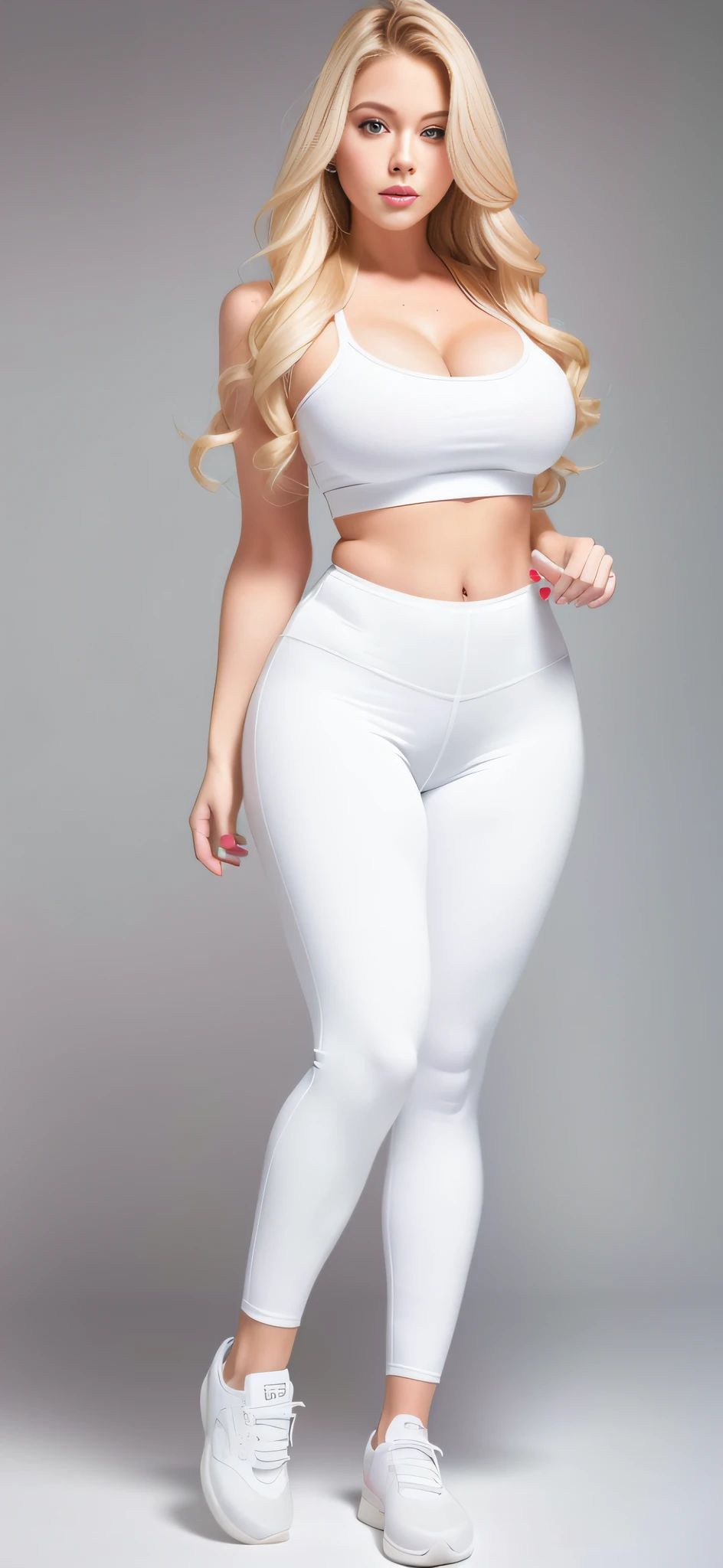 Blonde woman "An ultra-detailed 8k masterpiece, of better quality and high saturation. The image features an outfit illustration featuring a stunning thick European girl wearing a tight minimal leggings outfit including tight V shirt, F cup, white sneakers, big and big chest, big ass and perfect long legs."