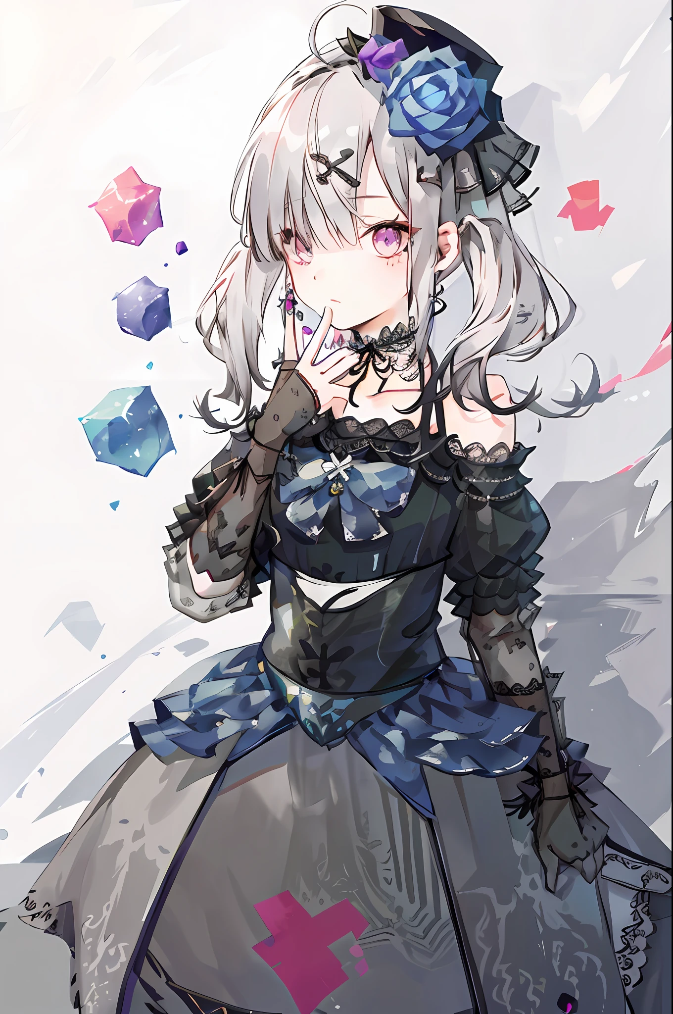 neogen, 1girl, solo, black dress, mini hat, hair flower, masterpiece, best quality