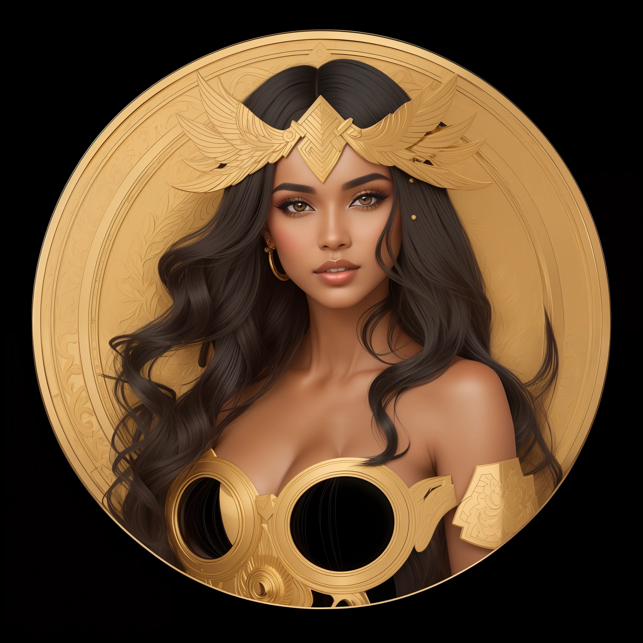 a woman black hair,brown eyes,golden circle black details