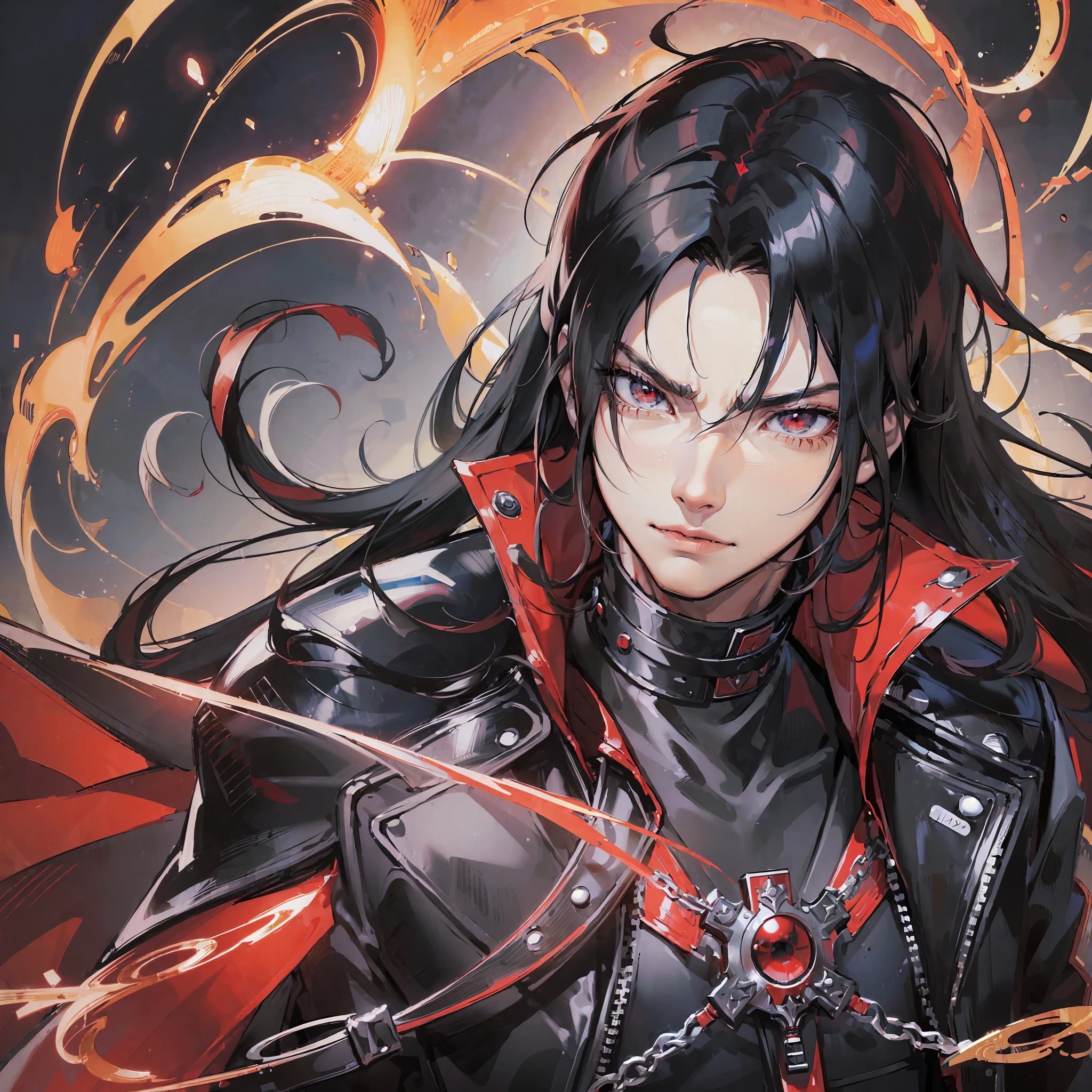 (((Final Fantasy, Vincent Valentine)),detailed face attractive man long black hair, anime character with red cape and zippers, turtleneck, 4k manga wallpaper, badass anime 8k, tetsuya nomura style, epic anime style, gold metal bracelet, with claws, shigenori soejima illustration, alucard, berserk style, inspired by Kawabata Ryūshi, futuristic tetsuo