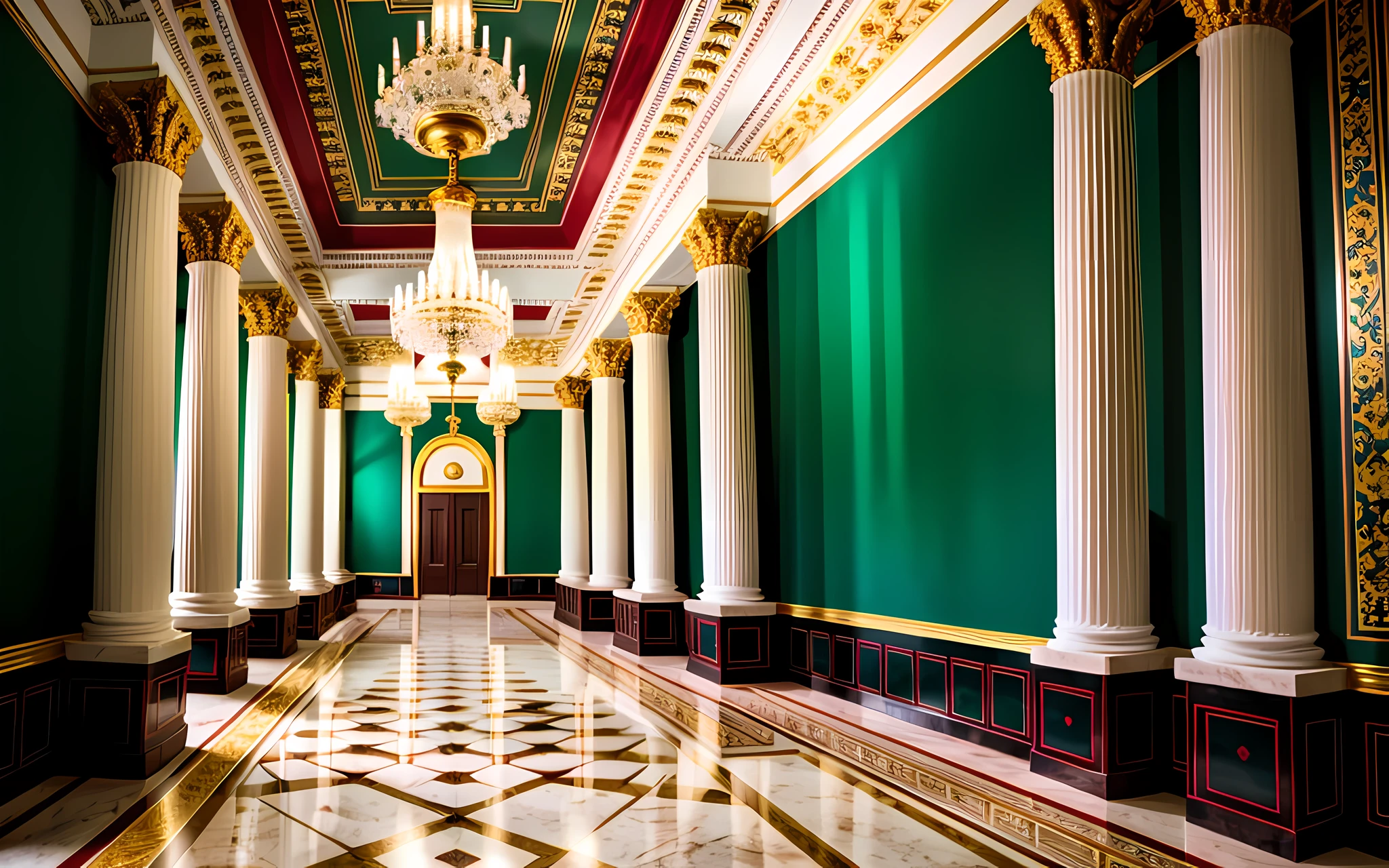 red marble, green marble, light Turquoise marble, marble aesthetic, white marble, shiny floor, marble floors, red padded, Greek Roman Columns, royal aesthetic, dark red details, Dark green details, Golden details, Gold, Turquoise details ((Chinese masterpiece)), color photograph, (sharp focus:1.2), sitting, extremely detailed, intricate, dramatic lighting, moody and melancholic atmosphere, sony a7 IV film stock photograph 4 kodak portra 400 camera f1.6 lens rich colors hyper realistic lifelike texture, best quality dramatic lighting cinestill 800, deep shadow, photo, Highly detailed, wide angle lens, depth of field, bokeh, 4K, HDR, absurdres, hyperrealistic, photorealistic, 1980s.