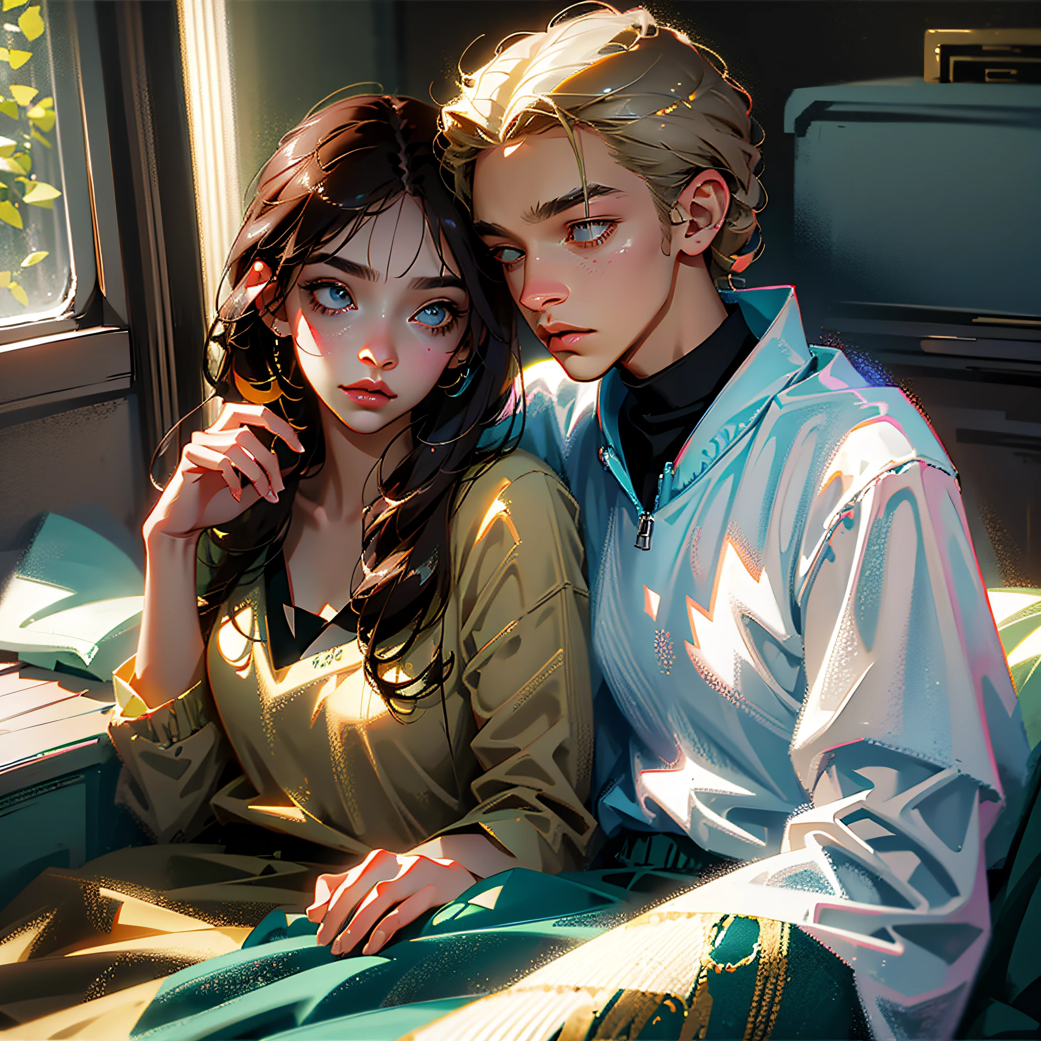 Couple, caring, friendship, blonde man, woman dark brown hair --auto --s2