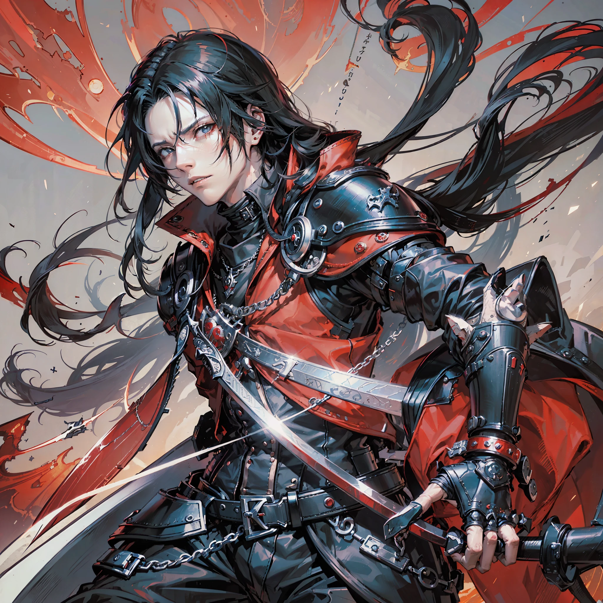 (((Final Fantasy, Vincent Valentine)),detailed face attractive man long black hair, anime character with red cape and zippers, turtleneck, 4k manga wallpaper, badass anime 8k, tetsuya nomura style, epic anime style, gold metal bracelet, with claws, shigenori soejima illustration, alucard, berserk style, inspired by Kawabata Ryūshi, futuristic tetsuo