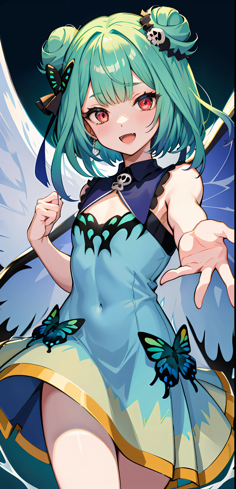 masterpiece, high quality, highres, absurdres, ultra-detailed, detailed eyes, 8k, ti-emb_kobo-kanaeru, 1girl, colorful eyes, fangs, open mouth, bangs, colorful background, looking at viewer, vibrant, contrast, gradient hair, happy, graffiti wall background, water splash, close up, 2d, masterpiece, best quality, anime, highly detailed face, highly detailed eyes, highly detailed background, perfect lighting, 1girl, solo, rushia_blue, green hair, short hair, double bun, blue dress, short dress, butterfly, skull hair ornament, smile, graveyard