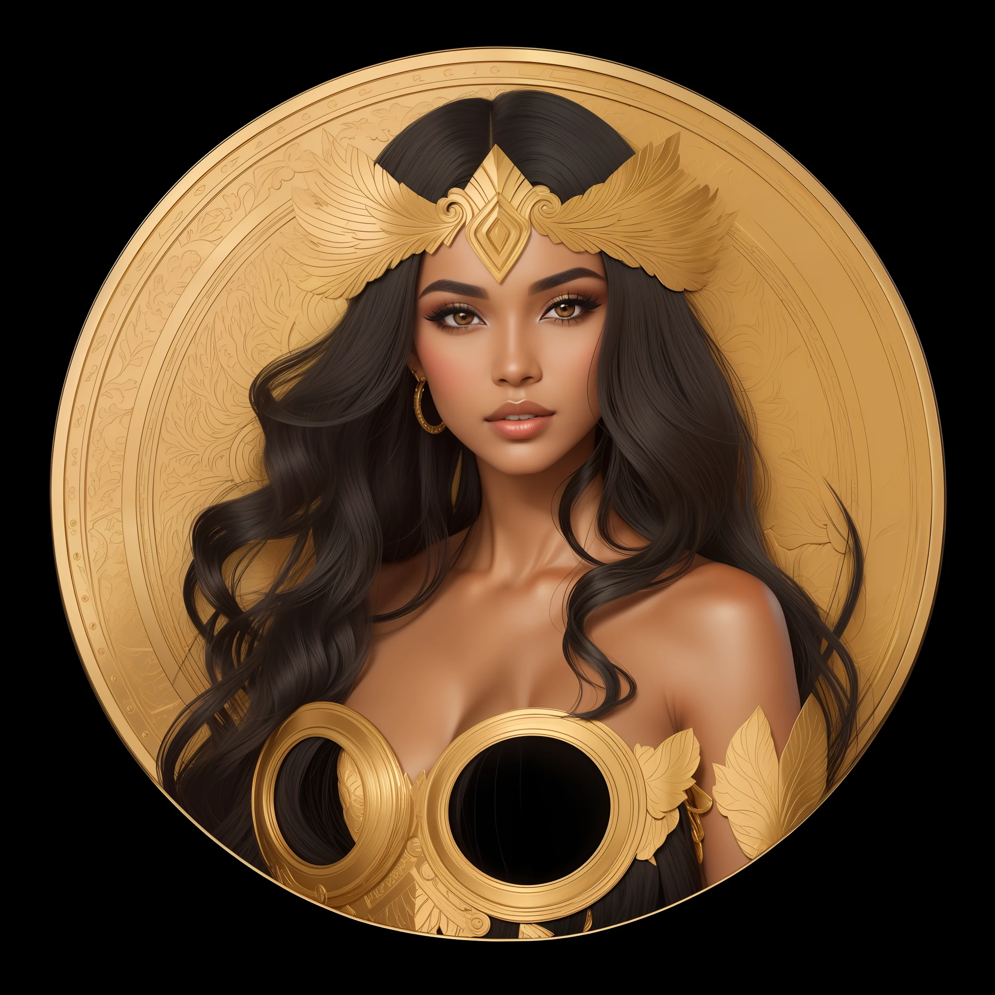 a woman black hair,brown eyes,golden circle black details