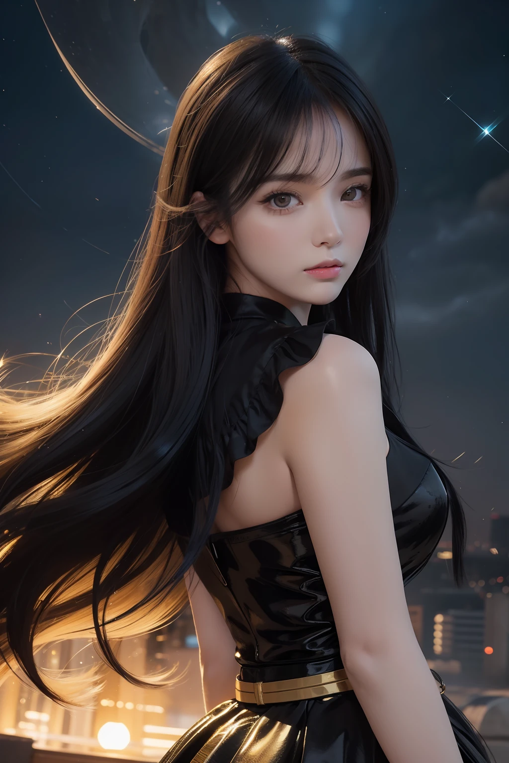 Pixiv artwork, handsome girl, goose egg face, big eyes, long eyelashes, bangs, cool handsome, domineering, exquisite (life-life realistic style), extreme face, photorealistic light and shadow, starry eyes, draped in scattered black long hair and waist, (flowing hair) shiny jewelry, (black starry sky background), upper body background, wearing a sparkling yellow skirt, breasts, swan neck, looking back, beautiful, extremely high quality, cinematic graphics, high quality CG, 8K resolution. smile