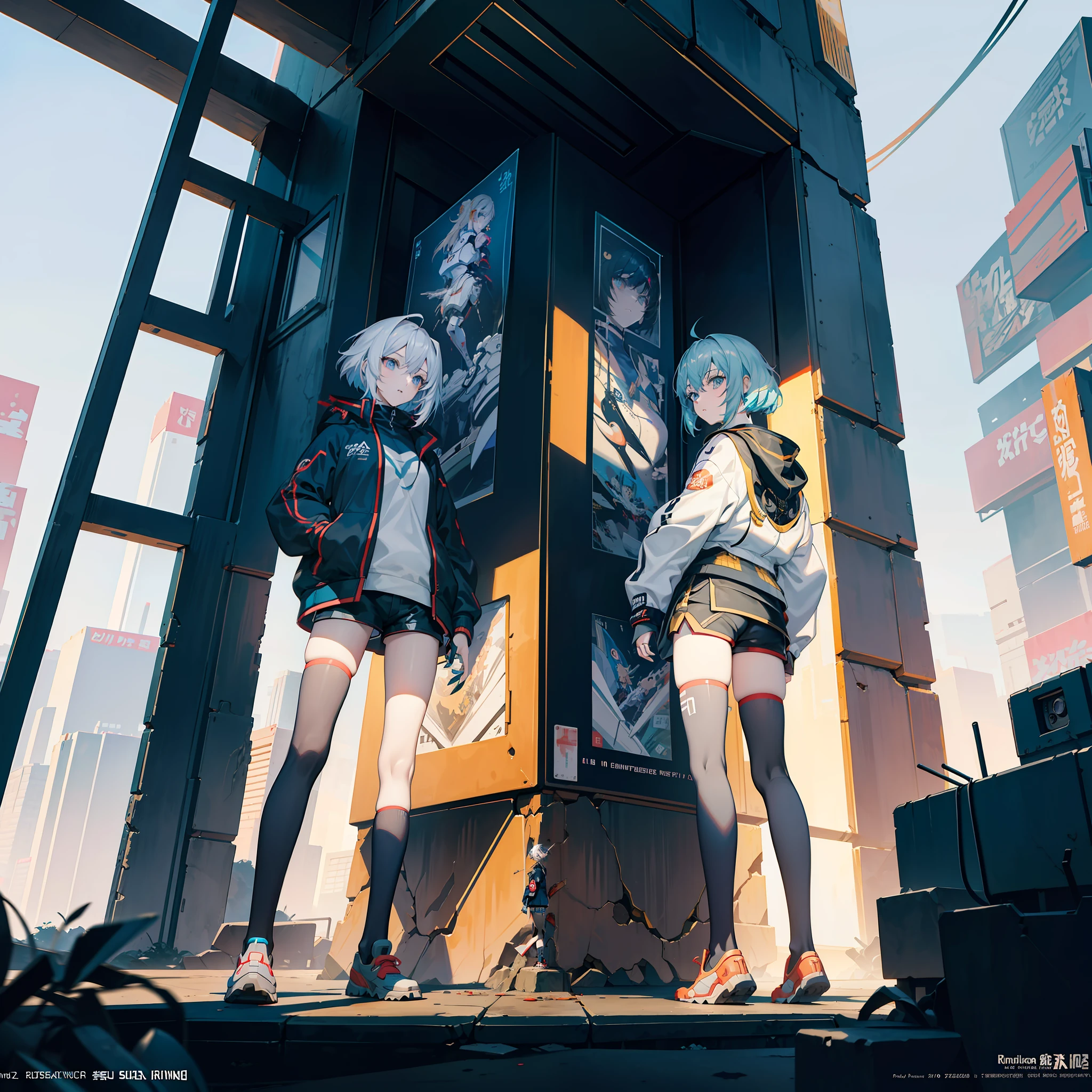 anime girl in short shorts and jacket standing next to giant robot, artwork in the style of guweiz, cyberpunk anime girl mech, trending on cgstation, guweiz, by Russell Dongjun Lu, digital cyberpunk anime art, ross tran 8 k, guweiz on artstation pixiv, girl in mecha cyber armor