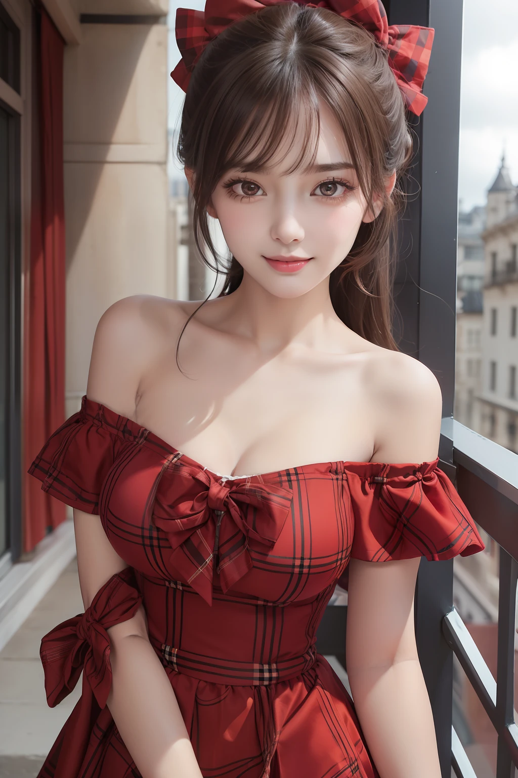 High detail, 8k resolution, a young girl cute girl, clear eyes, collarbone, exquisite and perfect facial features, the most beautiful big eyes, long eyelashes, sweet eyes with lying silkworms, smile, dynamic angle, ultimate picture quality, precise and perfect human body structure, (red plaid big red bow off-the-shoulder top), on the balcony.