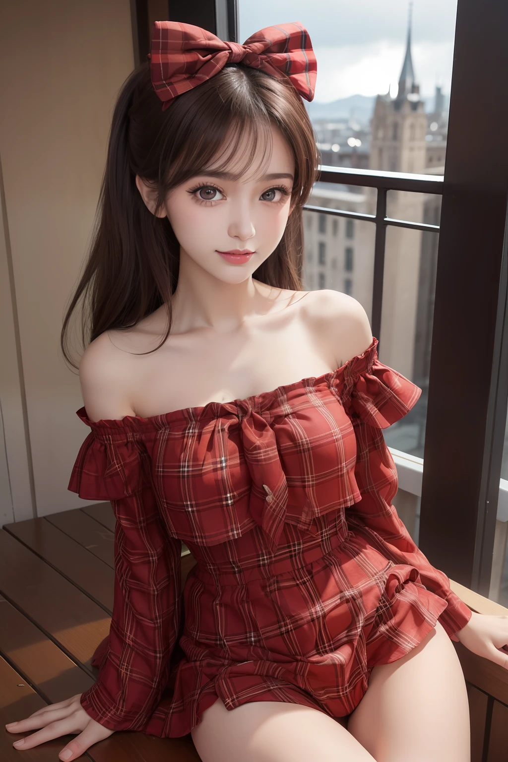 High detail, 8k resolution, a young girl cute girl, clear eyes, collarbone, exquisite and perfect facial features, the most beautiful big eyes, long eyelashes, sweet eyes with lying silkworms, smile, dynamic angle, ultimate picture quality, precise and perfect human body structure, (red plaid big red bow off-the-shoulder top), on the balcony.