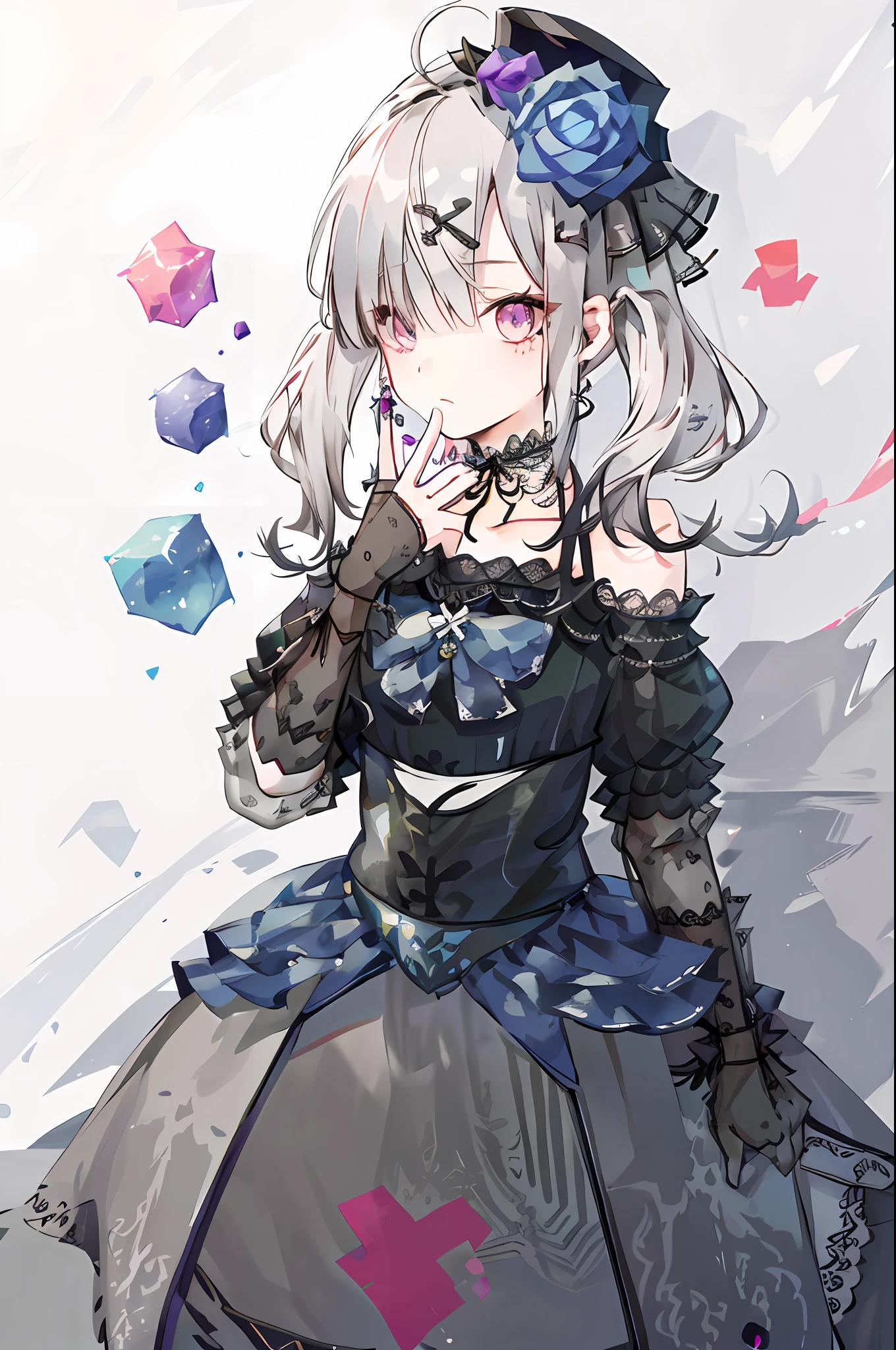 neogen, 1girl, solo, black dress, mini hat, hair flower, masterpiece, best quality