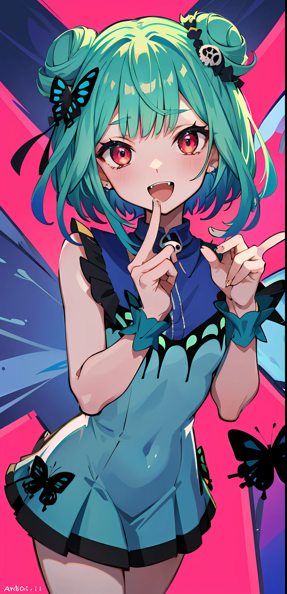 masterpiece, high quality, highres, absurdres, ultra-detailed, detailed eyes, 8k, ti-emb_kobo-kanaeru, 1girl, colorful eyes, fangs, open mouth, bangs, colorful background, looking at viewer, vibrant, contrast, gradient hair, happy, graffiti wall background, water splash, close up, 2d, masterpiece, best quality, anime, highly detailed face, highly detailed eyes, highly detailed background, perfect lighting, 1girl, solo, rushia_blue, green hair, short hair, double bun, blue dress, short dress, butterfly, skull hair ornament, smile, graveyard