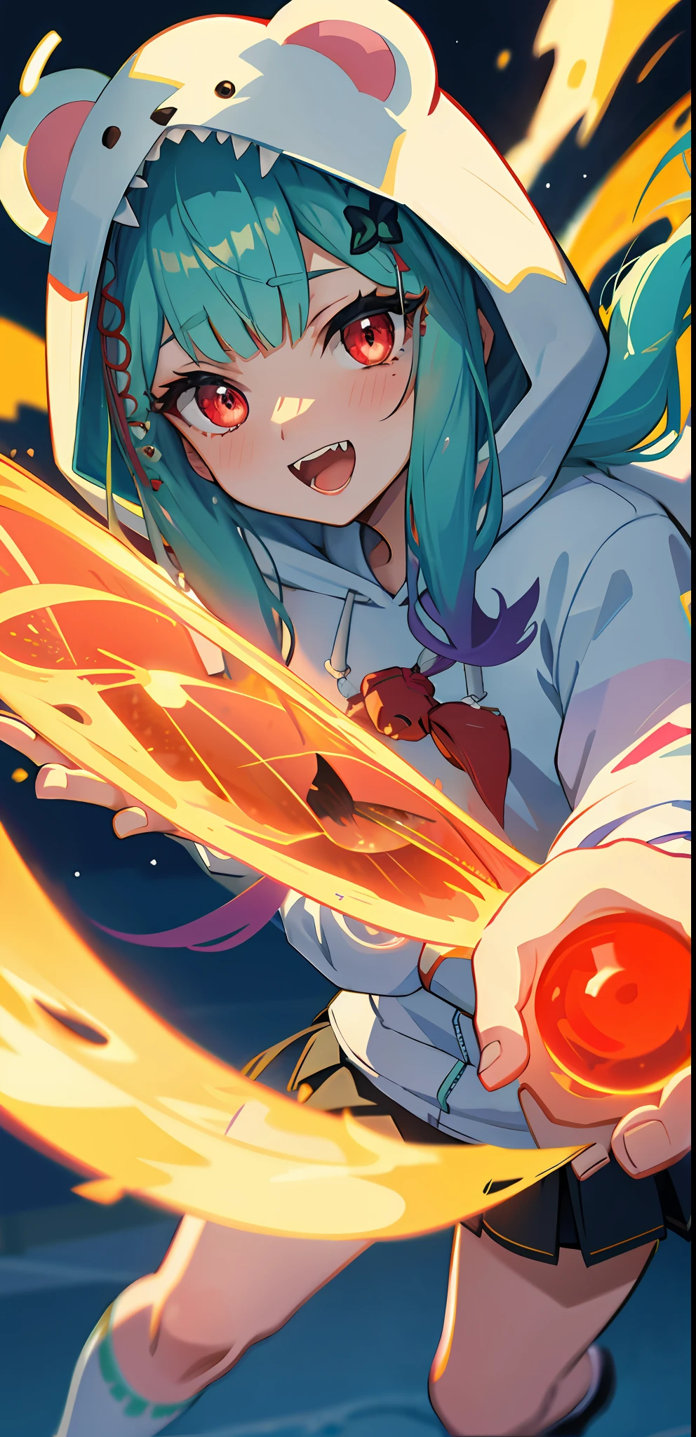 masterpiece, high quality, highres, absurdres, ultra-detailed, detailed eyes, 8k, ti-emb_kobo-kanaeru, 1girl, colorful eyes, fangs, open mouth, bangs, colorful background, looking at viewer, vibrant, contrast,2d, masterpiece, best quality, anime, highly detailed face, highly detailed eyes, highly detailed background, perfect lighting, 1girl, solo, rushia_hoodie, green hair, long hair, white hoodie, miniskirt, smile, japanese town, street
