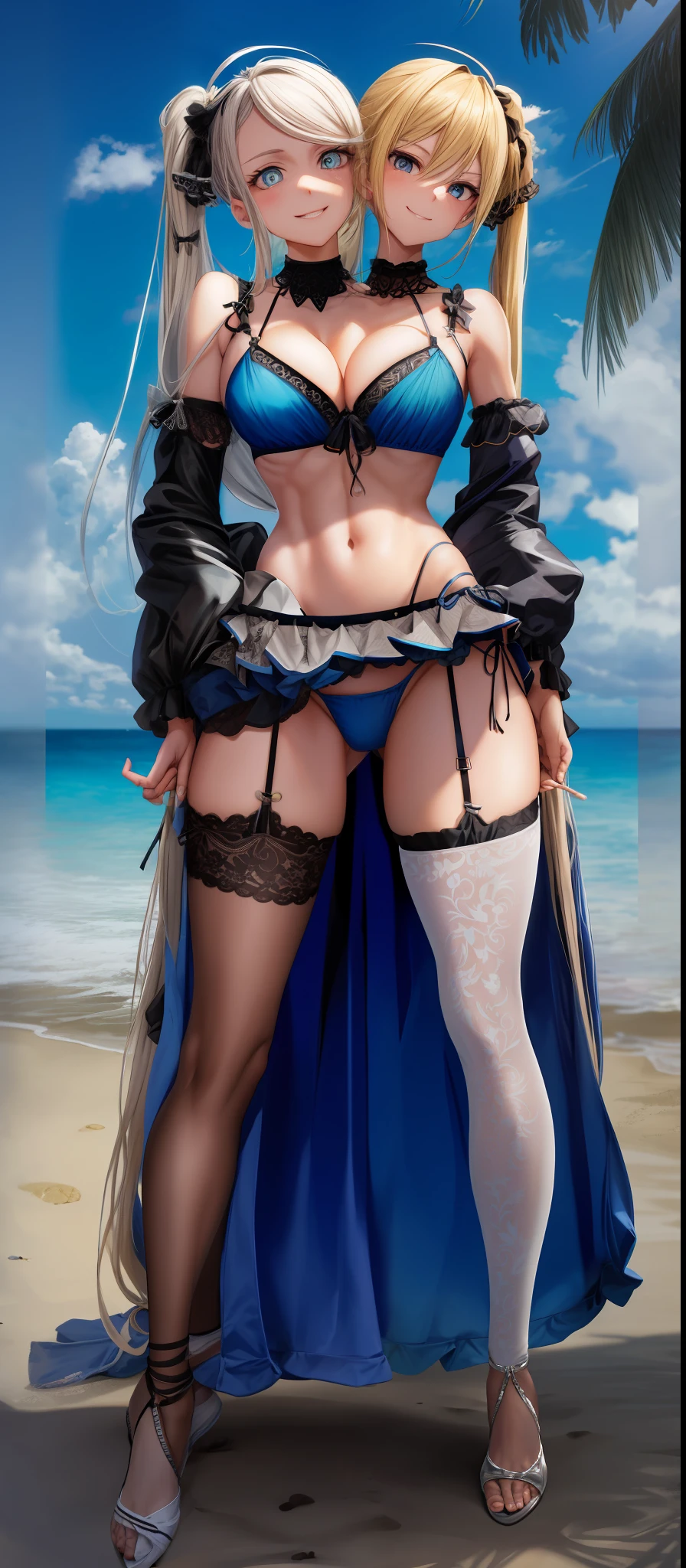 2heads, conjoined twins, blonde, bulge in panties, erected in panties, head hair twintail, 2heads, no more than two heads, cheeks, touching, feminine, blue eyes, masterpiece, HD, vibrant, full body view, smile, sexy, teasing look, beach, bikini, bitch, demanding look, dressed like a girl, male genitals in panties, trap, crossdresser, panty bulge, lace panties, c cup breasts, bulge in panties, ponitail, male genitals in panties, trap, crossdresser, panty bulge, lace panties, flat chested, erect, genitals in panties, twintail hair, semi-hidden, erected in panties, skirt, weak, conjoined