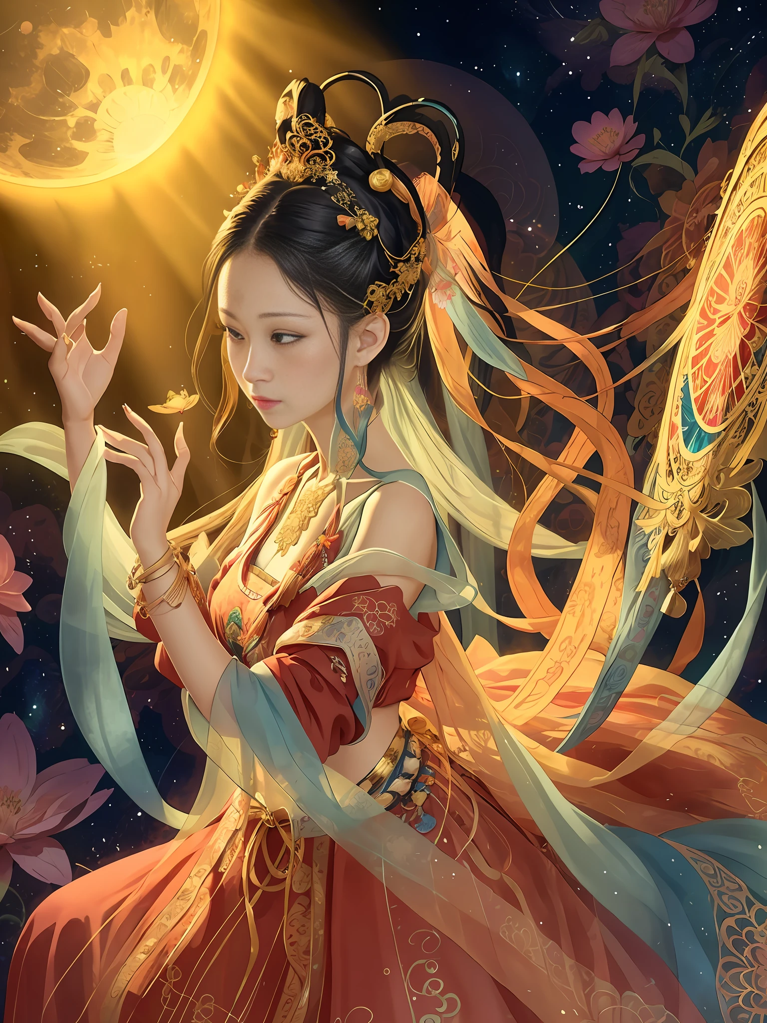 absurd, tall, super detailed, 1 girl, solo, dunhuang, gorgeous, dance, flying, chinese style, dance sleeves, (colorful clouds, colorful halos: 1.3), (forehead markings, hair flowers, hair accessories, jewelry, hair clips, hair rings, tiara, long hair, earrings, (colored long skirt: 1.2), cuffs), fluttering, clear facial features, delicate face, super detailed eyes, flowers, colored eyes, multi-colored hair, portrait (master works: 1.2, best quality), super fine, Ultra-accurate presentation (dynamic pose), color (top to bottom: 1.2), natural light, strong light, sky background, butterfly, Chinese clothing, face markers, hanfu, handheld musical instrument, pipa, long hair, looking at the audience, parted lips, faint smile, solo, bright colors, official art, unified 8k wallpaper, super detailed, beautiful beauty, masterpiece, best quality, (zandeji, mandala, tangles, tangles), extremely detailed, dynamic angles, the most beautiful chaotic forms, elegant, brutalist design, Bright colors, romanticism, atmosphere, ecstatic notes, visible flowing notes, 5 fingers, illusory background, flying ribbon, beautiful sky, bright moon, flying sleeves,