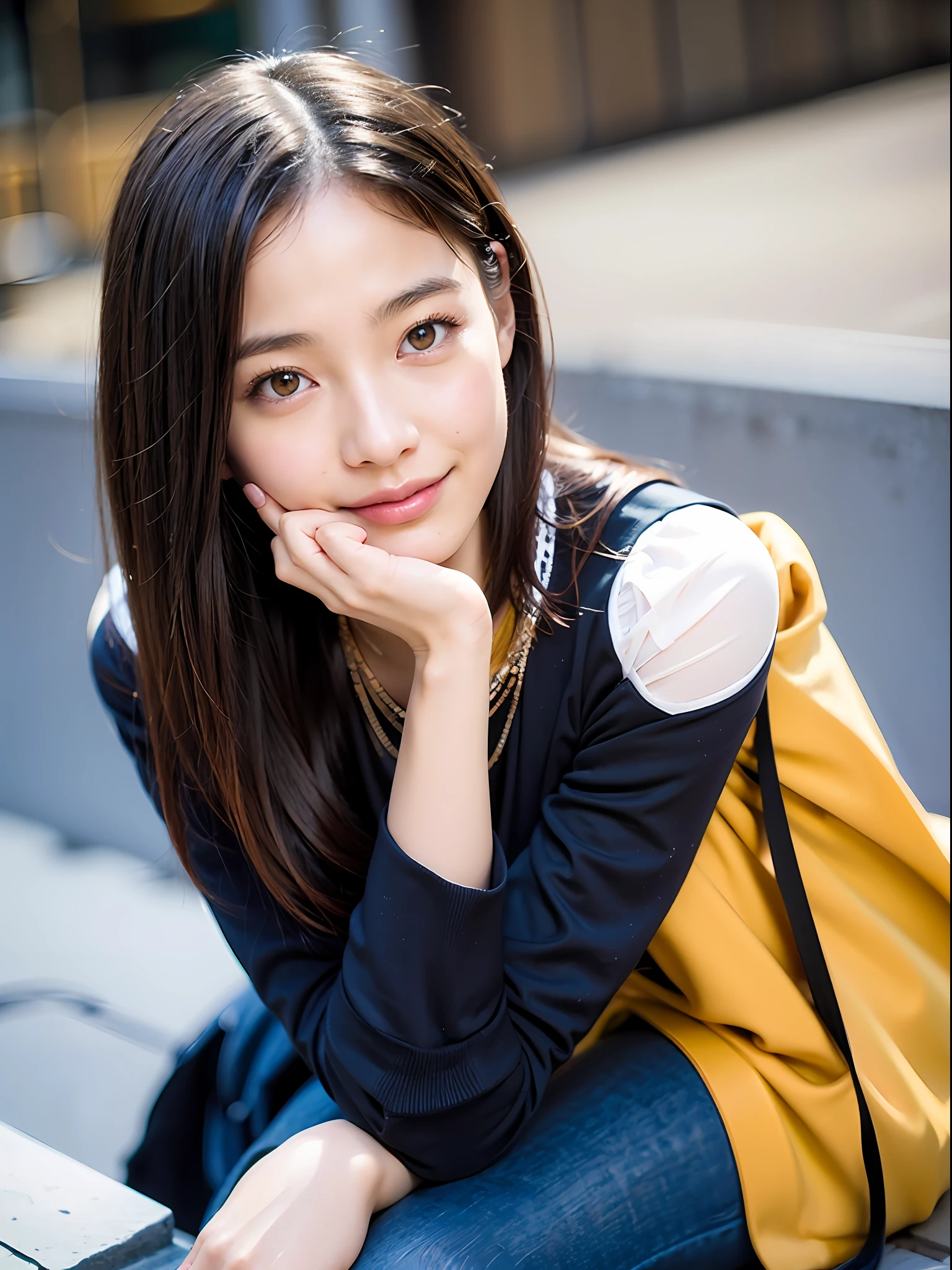 18 year old girl with perfect face and big, café, hands in cat pose, cute clothes, slim and slender physique. The skin has detailed and highly detailed eyes (1.1 emphasis), very detailed skin texture (1.1 emphasis). slender necklace, model photo style, photorealistic, skin texture is real human skin texture, detailed skin pores, complex details, eyes are very detailed, black flared skirt: 1.5, black polo knit: 1.2, refreshing light blue wrinkled coat, cream bag, street, smile