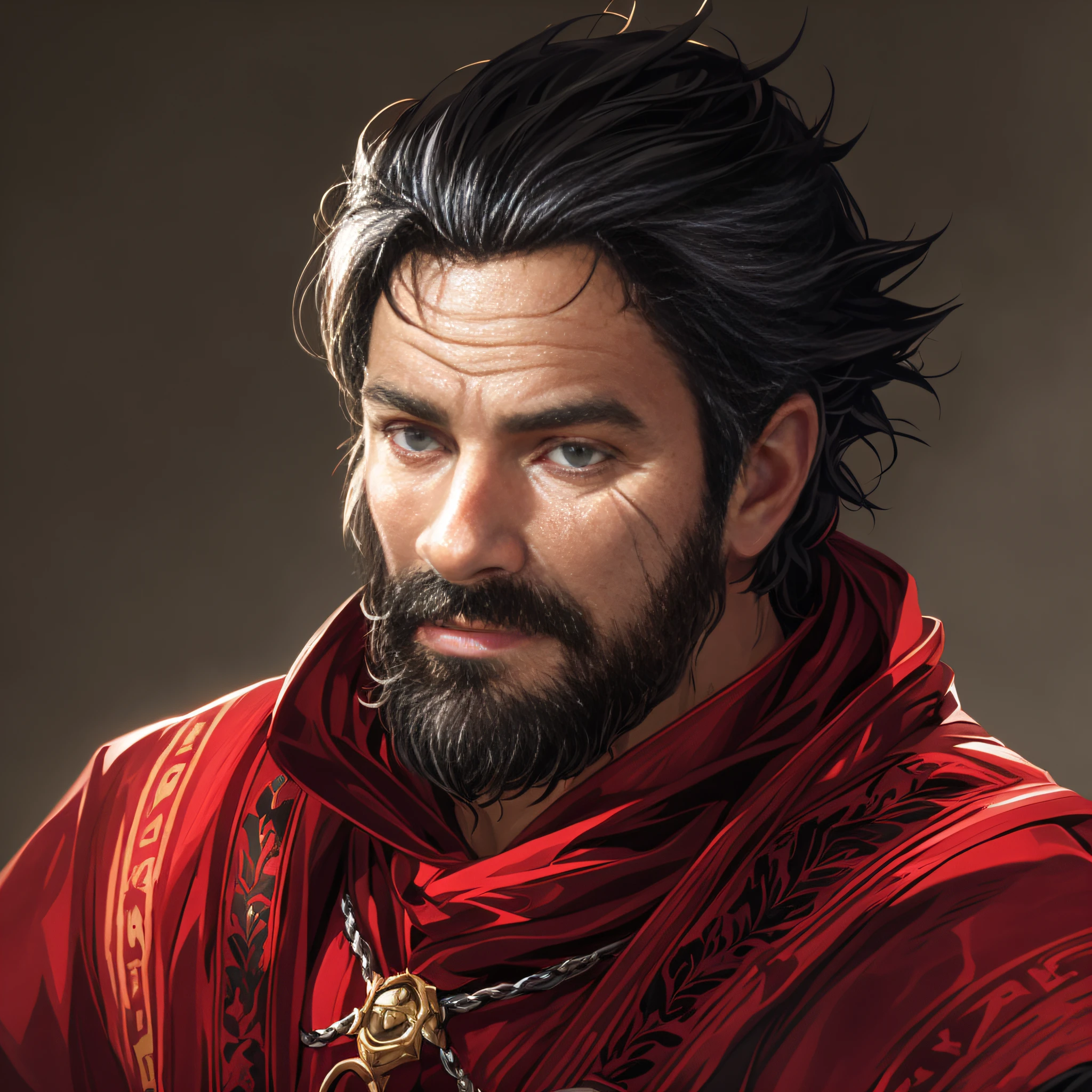 a close up of a man with a beard and a red cape, portrait of a red sorcerer, detailed character portrait, picture of a male cleric, closeup portrait of an mage, portrait of a mage, epic rpg portrait, character art portrait, character portrait art, rpg portrait concept art, fantasy male portrait, portrait of bedouin d&d