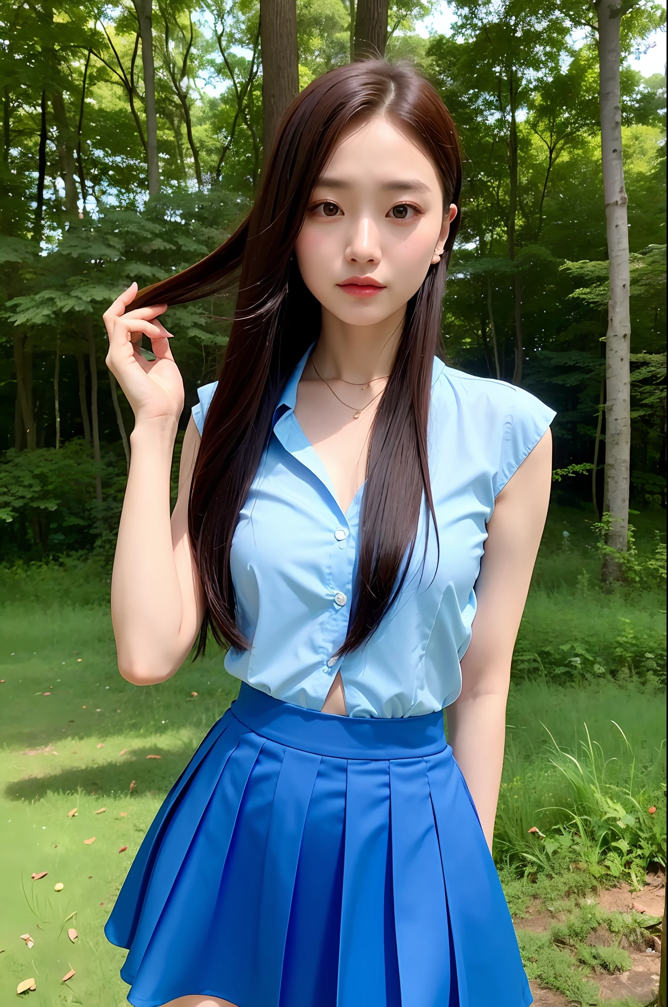 (Best Quality, Masterpiece: 1.2), Woman, Portrait, Translucent Open Collar Blue Shirt (Chestless), Translucent Blue Short Skirt, (Vacuum), Mullet Head, Long Black Hair, Brown Eyes, Full Body, Outdoor, In the Woods