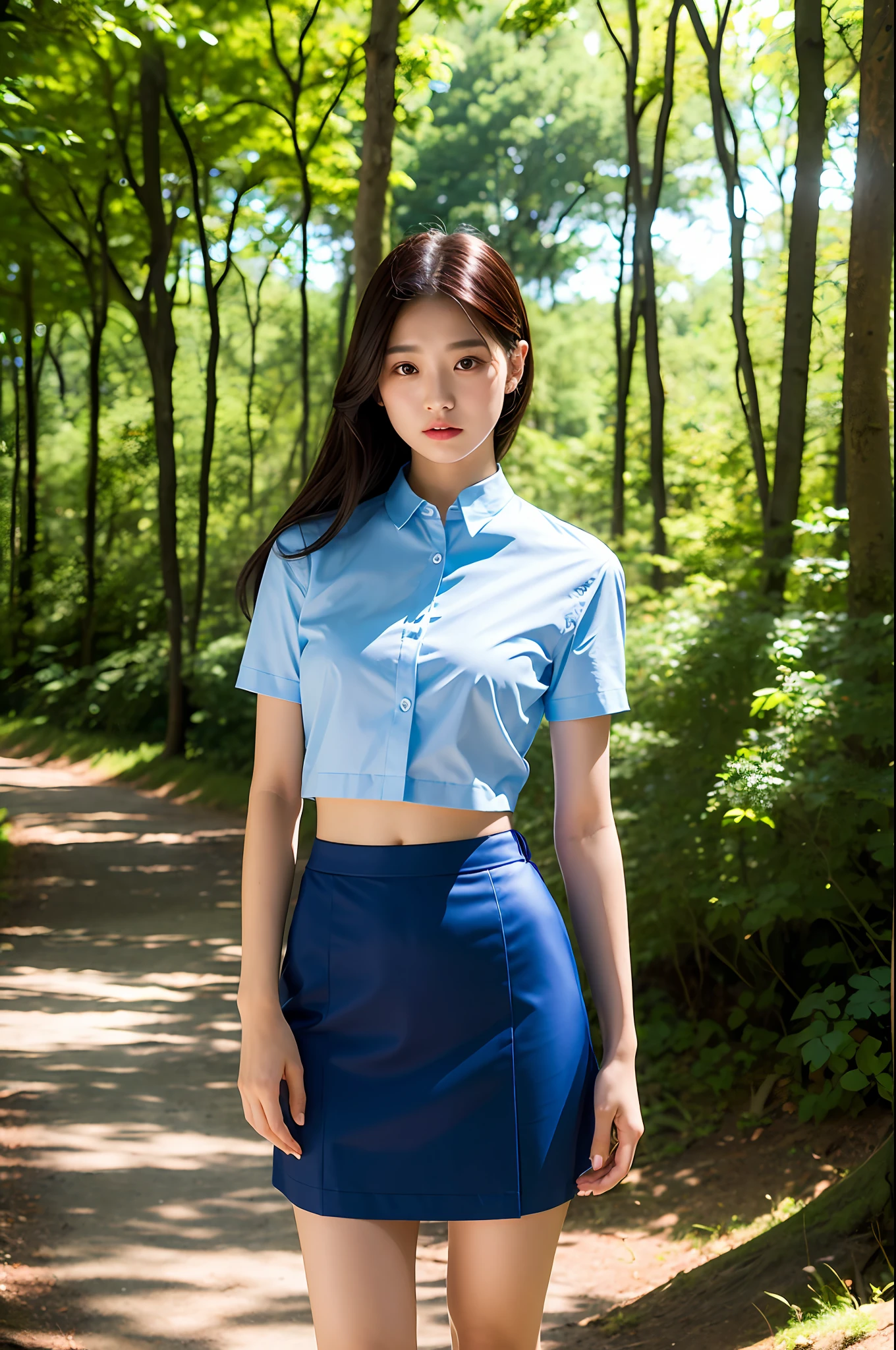 (Best Quality, Masterpiece: 1.2), Woman, Portrait, Translucent Open Collar Blue Shirt (Chestless), Translucent Blue Short Skirt, (Vacuum), Mullet Head, Long Black Hair, Brown Eyes, Full Body, Outdoor, In the Woods