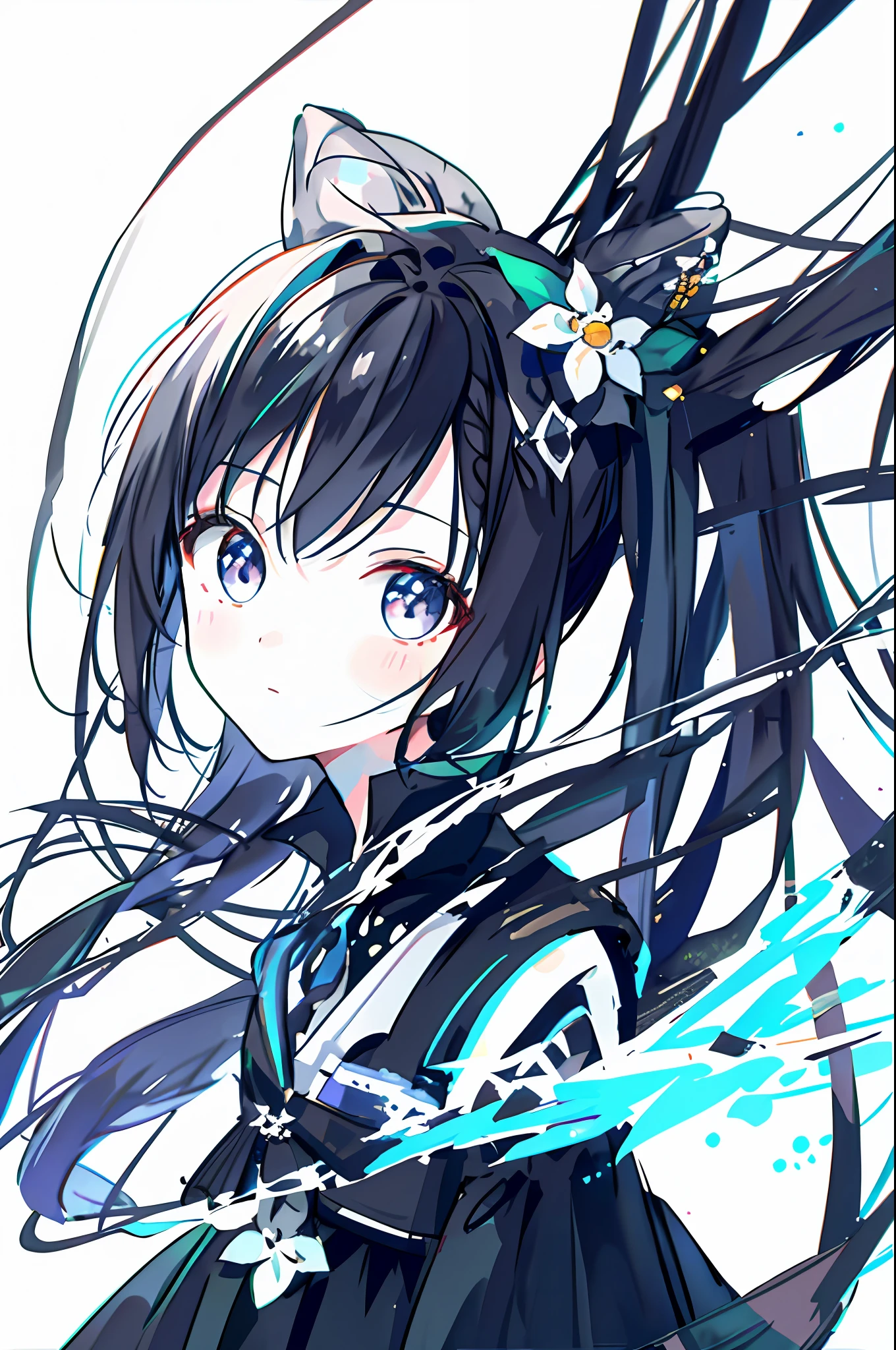 neogen, 1girl, solo, black dress, mini hat, hair flower, masterpiece, best quality