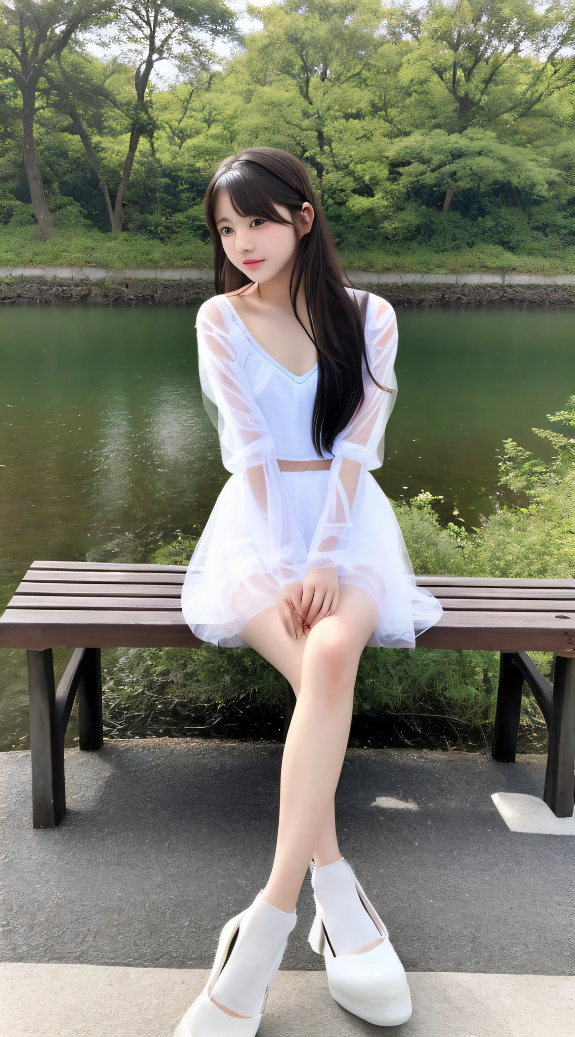 Realistic pictures, realistic beautiful lake, (flat chest: 1.5), young girl, 20 years old, full body, famous actor of Japan, sitting on a bench and crossing her legs, see-through costume, transparent white