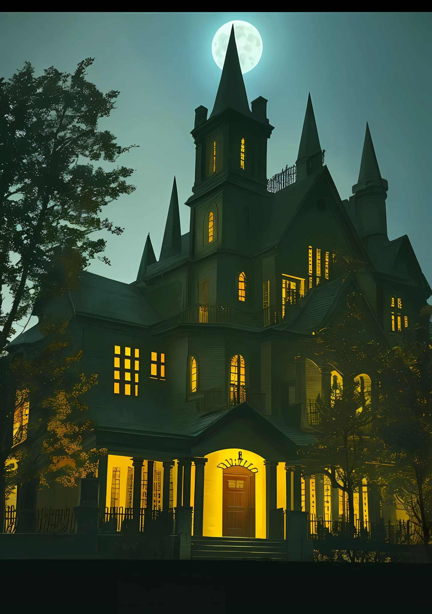 an exterior shot of a haunted house, night, halloween, spooky, mystical energy in the air, (night:1.5), full moon