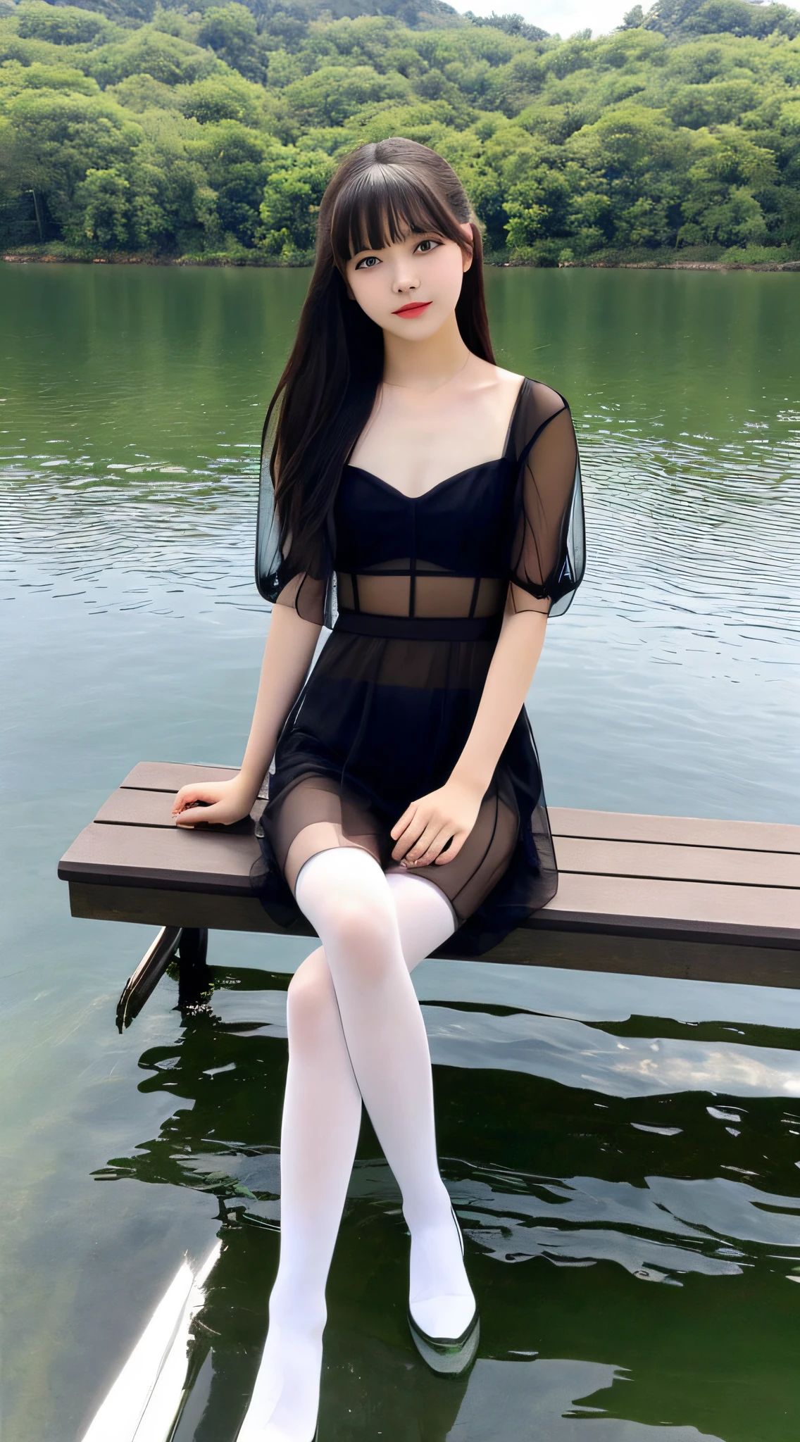 Realistic pictures, realistic beautiful lake, (flat chest: 1.5), young girl, 20 years old, full body, famous actor of Japan, sitting on a bench and crossing her legs, see-through costume, transparent white