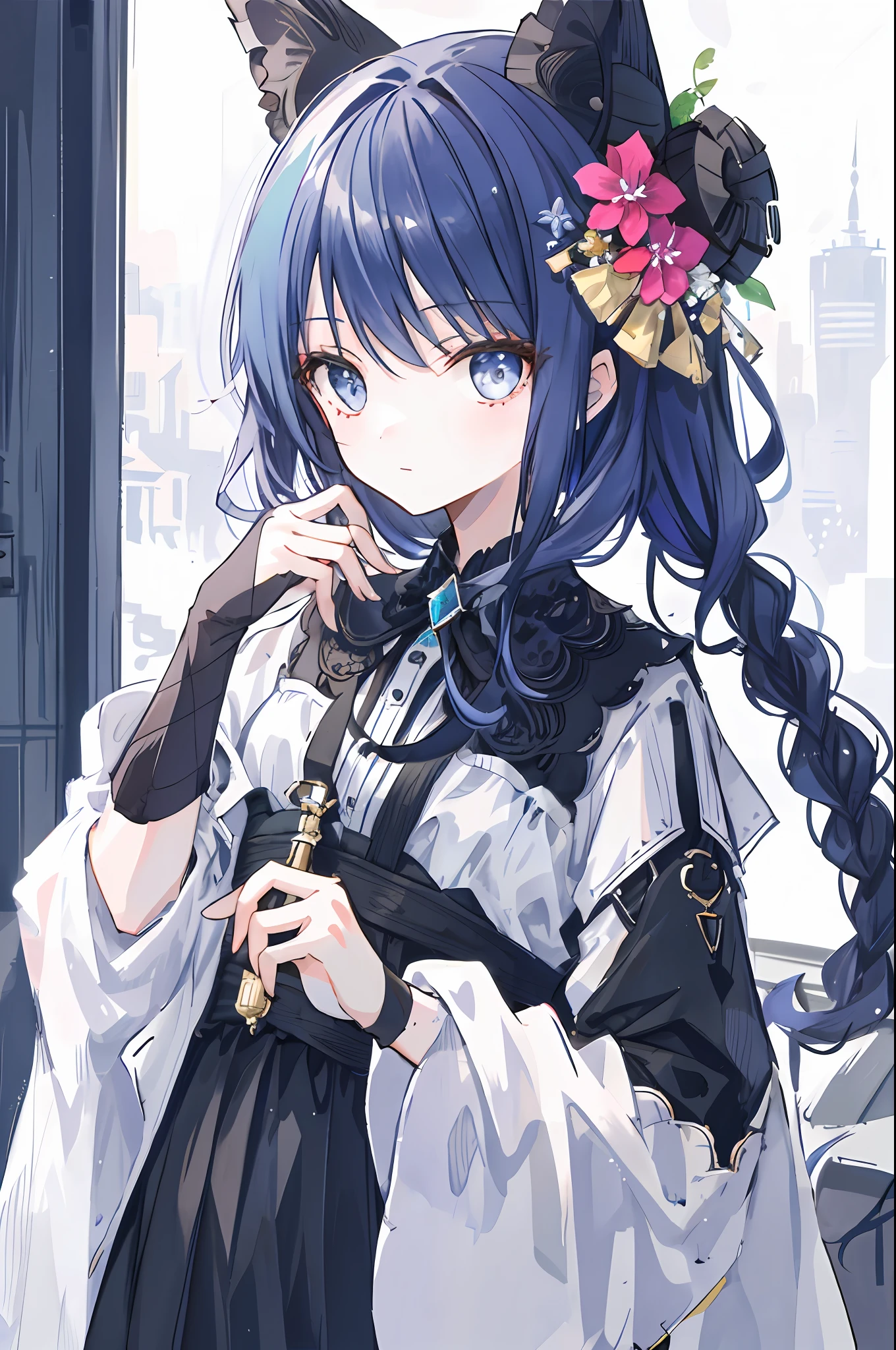neogen, 1girl, solo, black dress, mini hat, hair flower, masterpiece, best quality