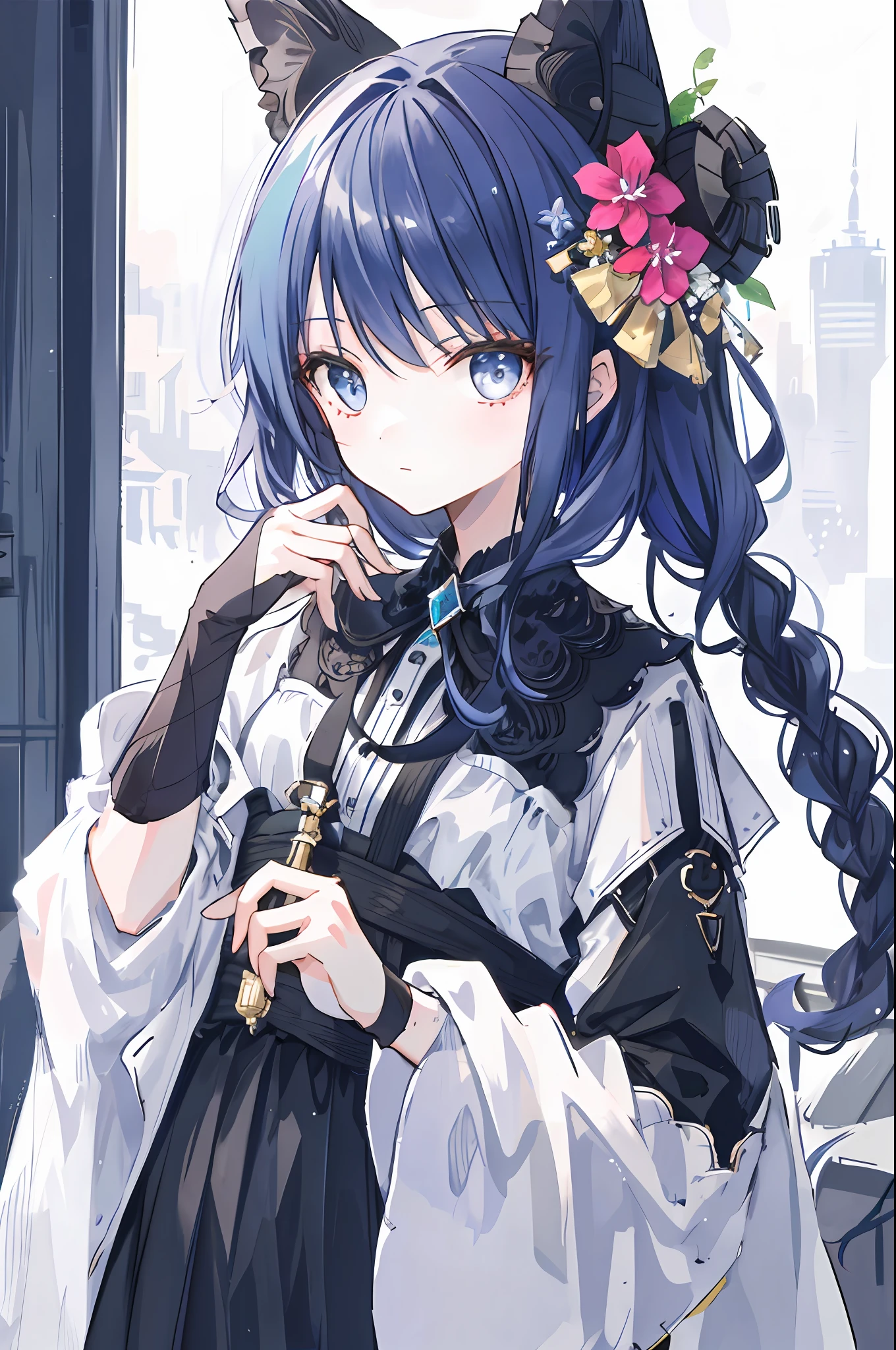 neogen, 1girl, solo, black dress, mini hat, hair flower, masterpiece, best quality