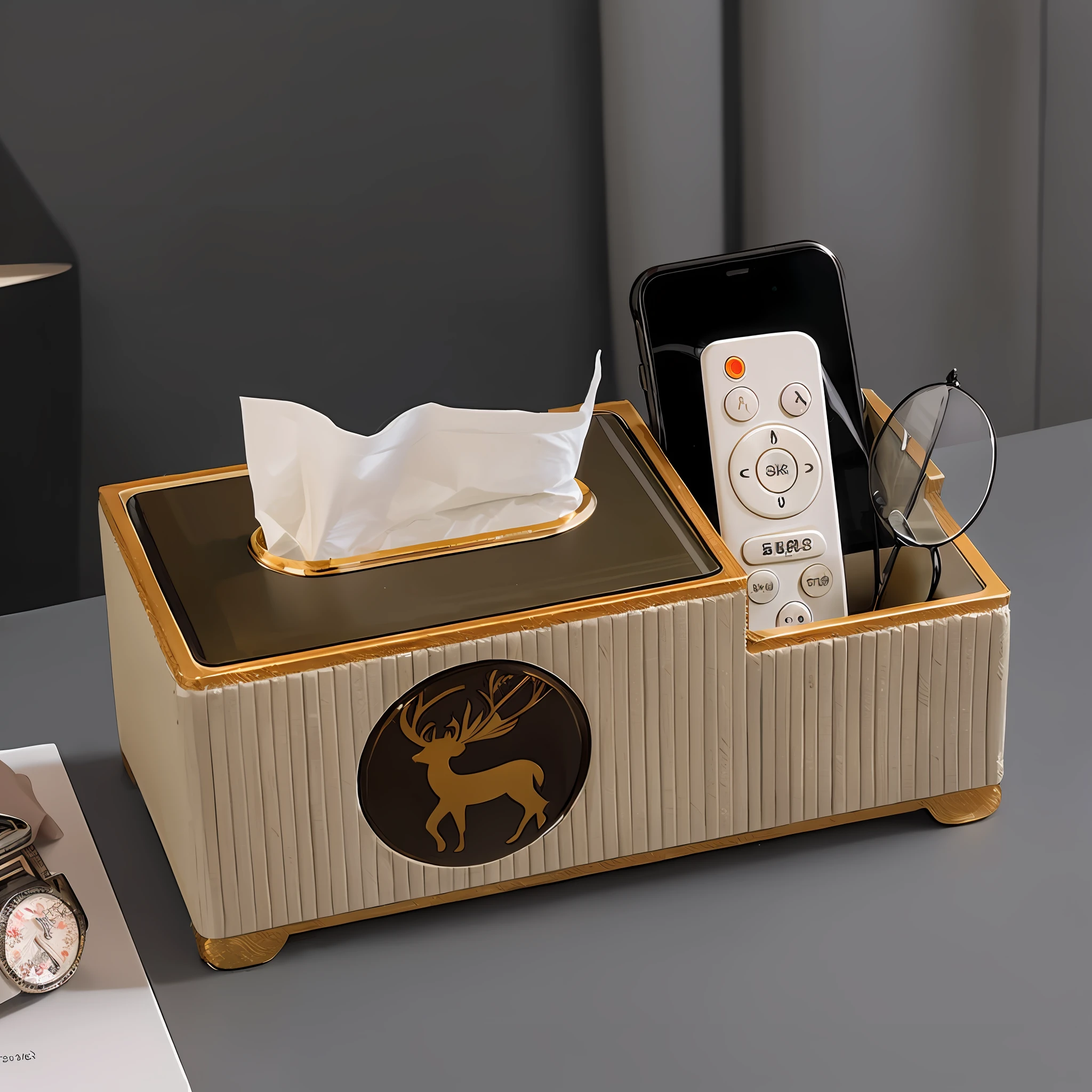 there is a tissue box with a remote control and a cell phone, box, elegence, elegent, high end, wood, high quality], luxury, elegant high quality, premium, diy, very elegant, king, cigarrette boxes at the table, handsome, high qualit, bright mood, 21:9, elegant style, legendary masterpiece