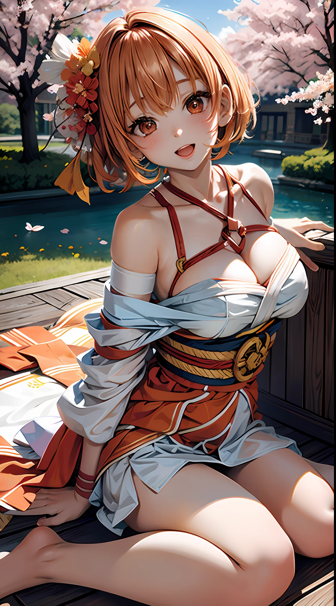 masterpiece, 1girl, solo, orange hair, sarashi, bandage, sarashi, neckline, bare shoulders, kimono, (all four: 1.2), blush, open mouth, cherry blossoms, grass