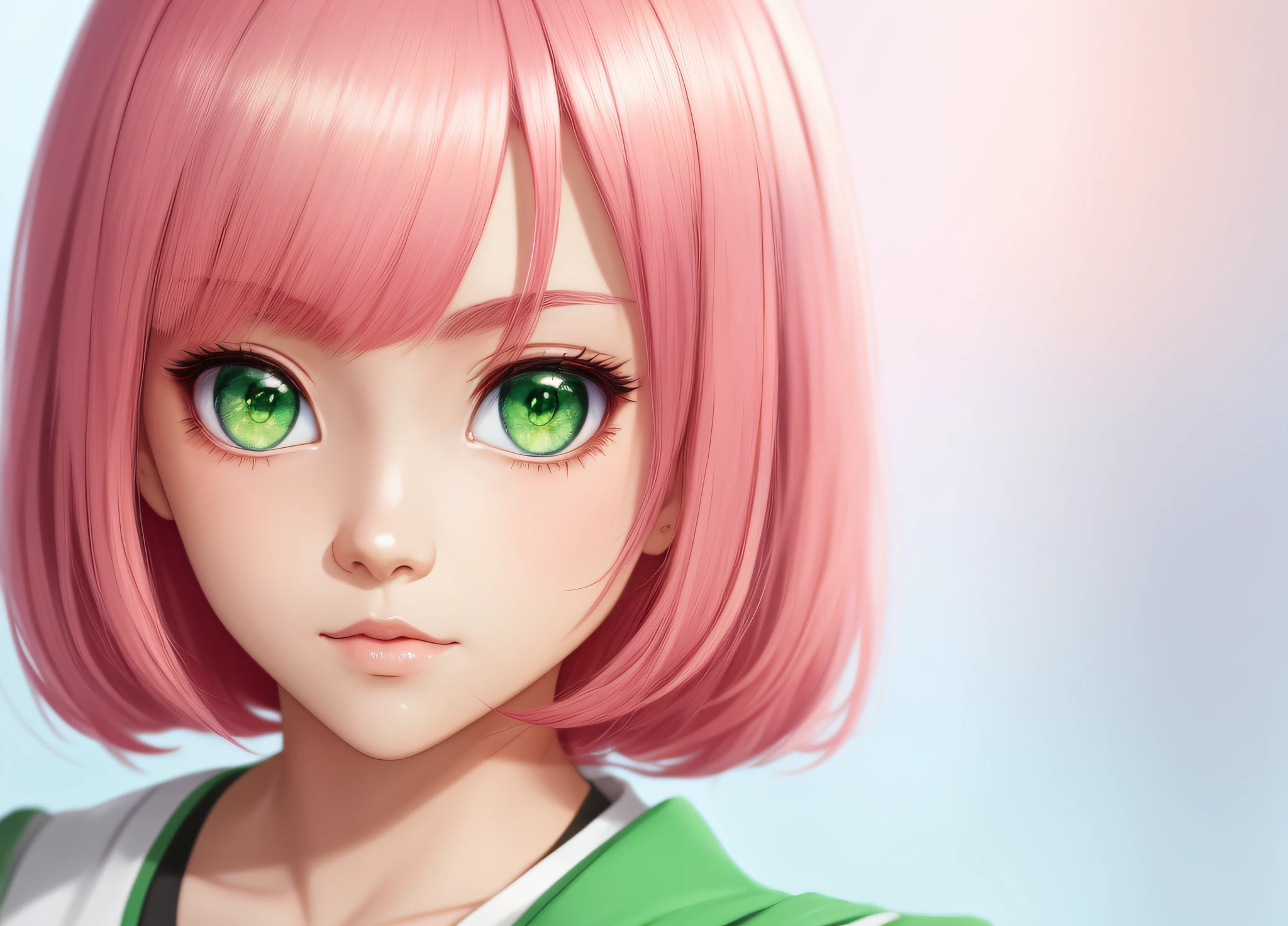 Anime girl with pink hair and green eyes posing for a photo, white background, Anime Style 4K, Anime Moe Artstyle, High Quality Anime Artstyle, Detailed Anime Art, Wallaper Anime, Best Anime Girl