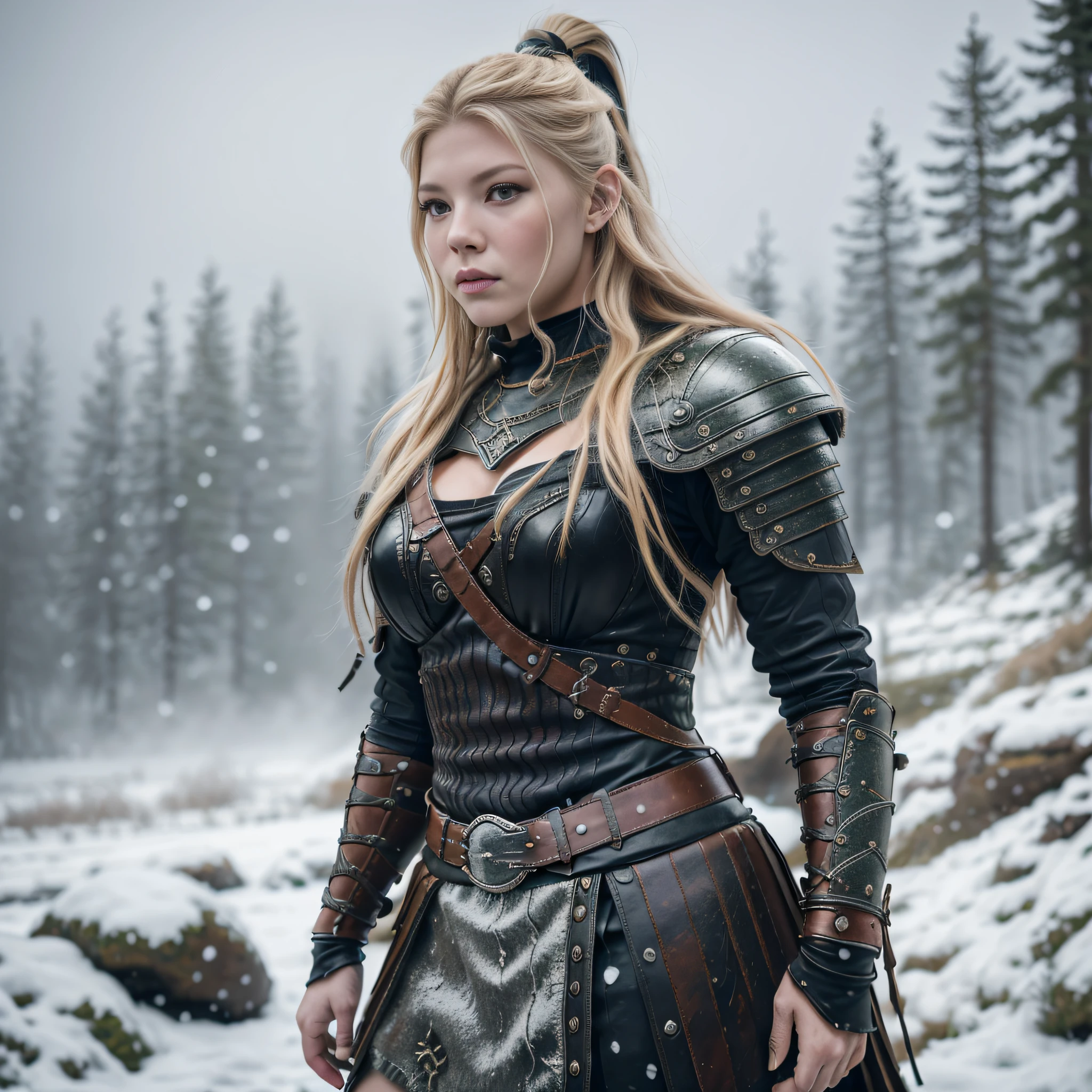 portrait, photographic, full body, 4k, woman wearing a worn armor, armor with leather details, viking female, a very beautiful woman, menacing, perfect face, strong, Katheryn Winnick as a viking warrior cinema, vikings, wearing nordic armor, viking costume, beautiful nordic woman, viking culture, wearing viking clothes, forest with snow in the background, smoke from bonfires in the background,  falling some snow, fog, fog --auto --s2