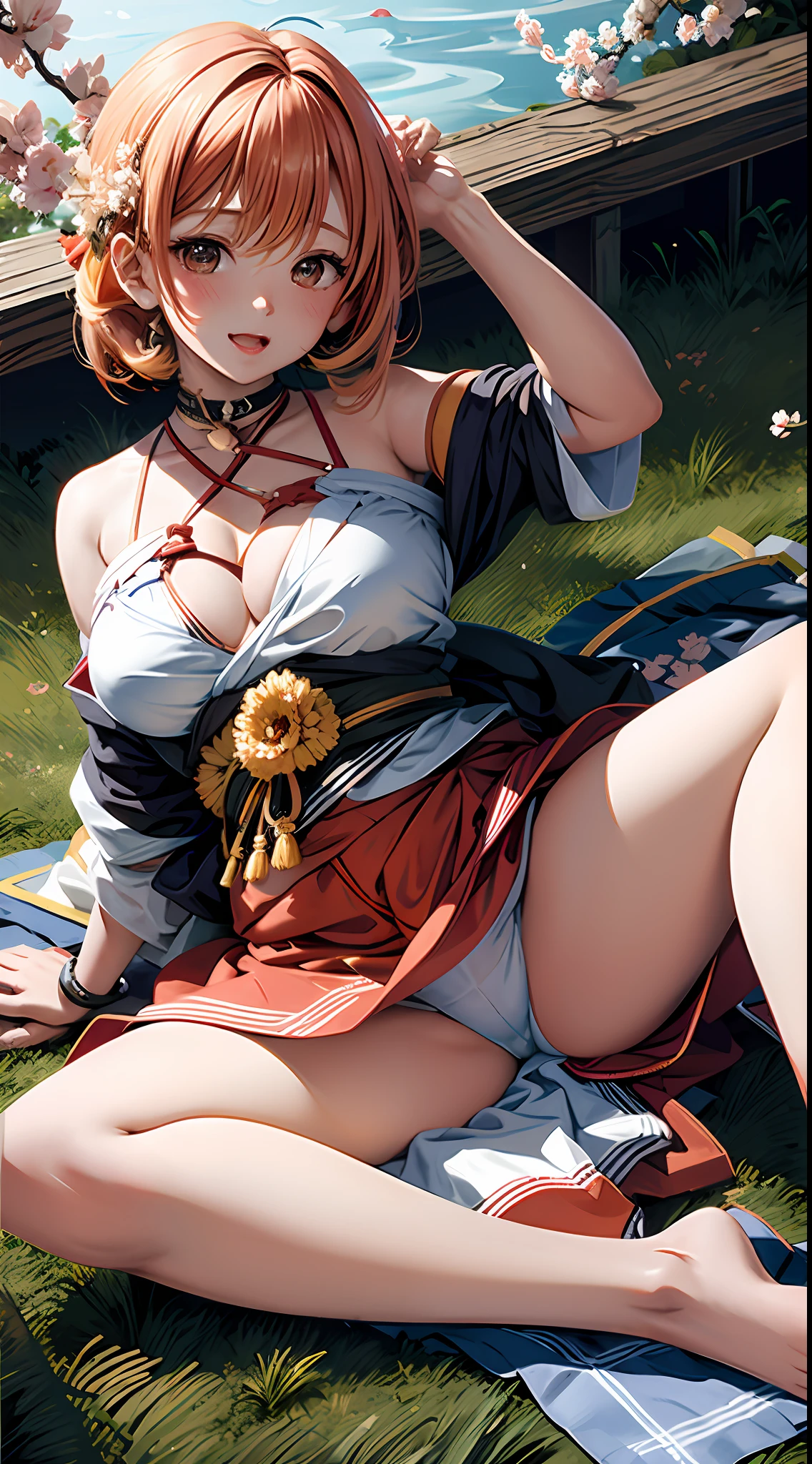 masterpiece, 1girl, solo, orange hair, sarashi, bandage, sarashi, neckline,  shoulders, kimono, (all four: 1.2), blush, open mouth, cherry blossoms, grass