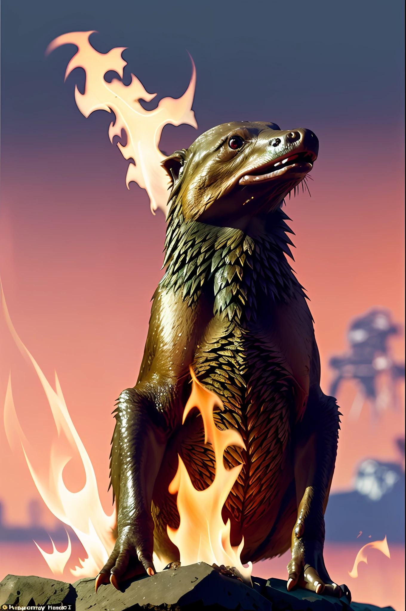 Award-winning photo of a platypus animal, Sirsean, (realistic, photorealistic: 1.4), (sharp focus: 1.4), (detective: 1.2), (chic suit: 1.1), mischievous smile, (ultra detailed face and eyes: 1.1 ), (album art:1.1), cyberpunk slum, scowl, (slum old garage:1.1), (artpunk:1.0), unique pose, (Trigun:1.1), (masterpiece:1.1), best quality, decadent, ultra high detail, (by Antoine Blanchard and Casey Baugh:  1.1), (by zdzislaw beksinski: 0.8), extremely intricate and extreme details, ray tracing, reflections, beautiful lighting (intense lighting: 1.1), (High saturation clarity contrast, deep contrast levels, sharp, retouched, graduated color: 1.1), soft lighting, cinematic, (strong contrast: 1.2), sharp focus,, burning, (fire breathing), (explosion), fire tail,