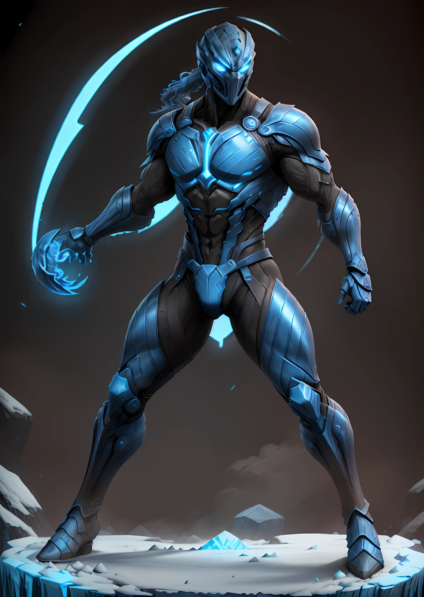Stunning full-body photography of mortal kombat Sub zero in d3 combat position, blue and black neon armor, cryogenic mask, super detailed and perfect neon blue eyes, ninja cap, extremely detailed and defined musculature, thick thighs, frozen neon blue arms and hands, glacier scenery, cold, ice, Antarctica, sub zero mortal kombat, sub zer, Lin Kuey clan, mortal kombat,